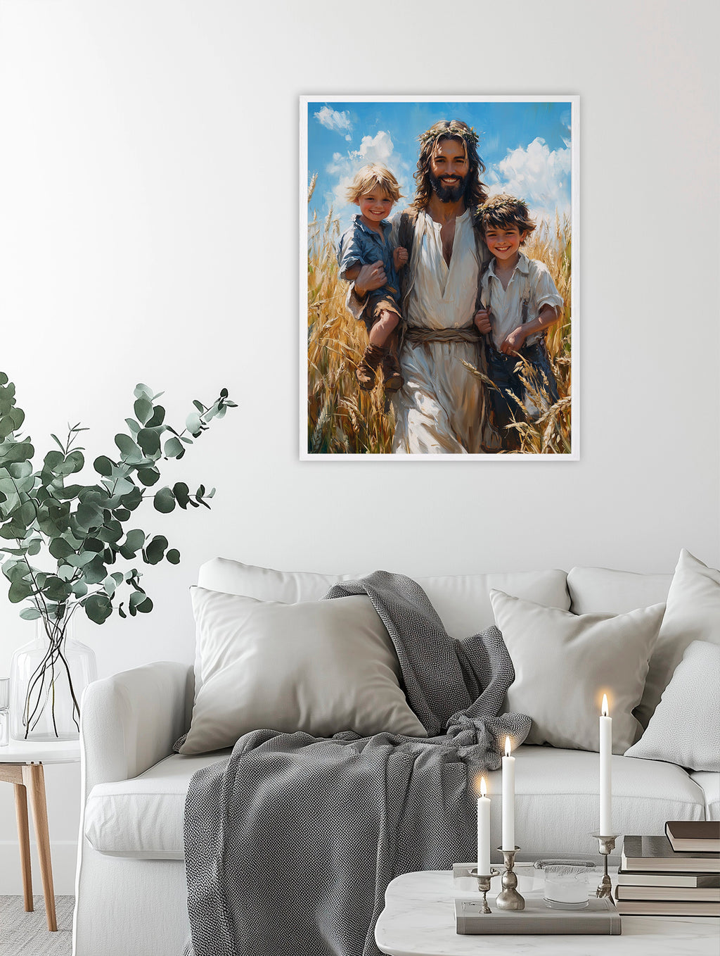 Smiling Jesus with Children Art, Christ in Wheat Field Painting, Christian Kids Decor