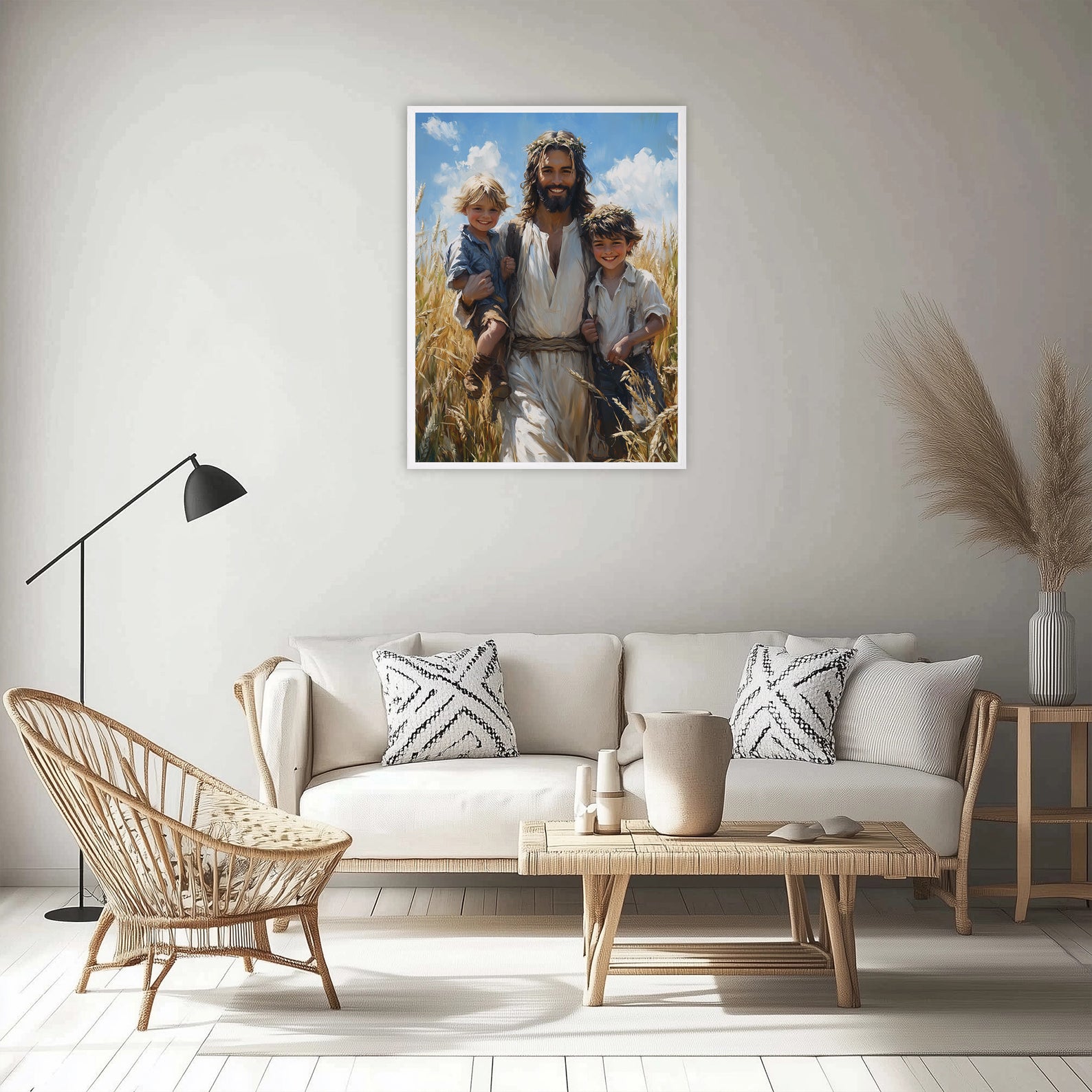 Smiling Jesus with Children Art, Christ in Wheat Field Painting, Christian Kids Decor