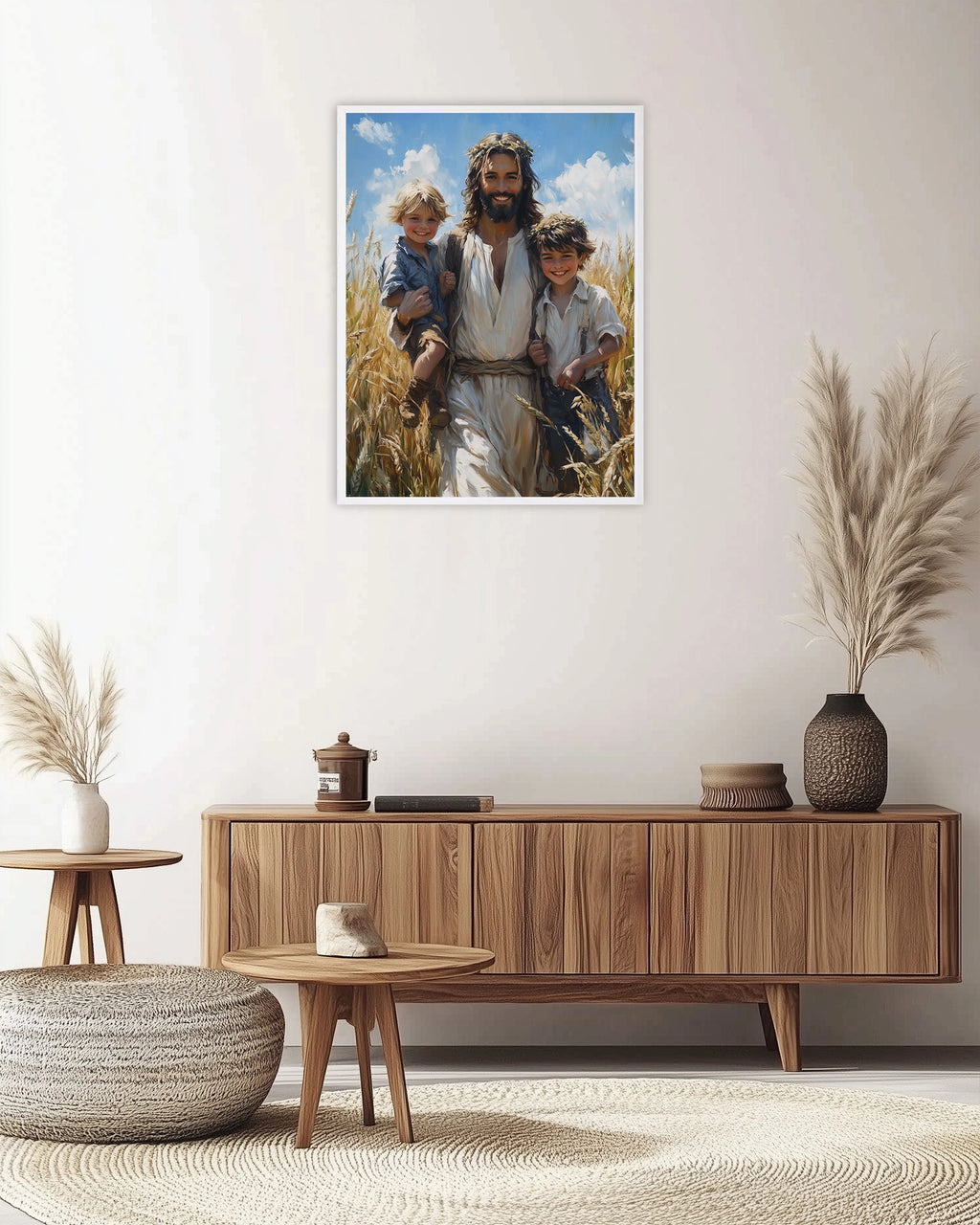 Smiling Jesus with Children Art, Christ in Wheat Field Painting, Christian Kids Decor