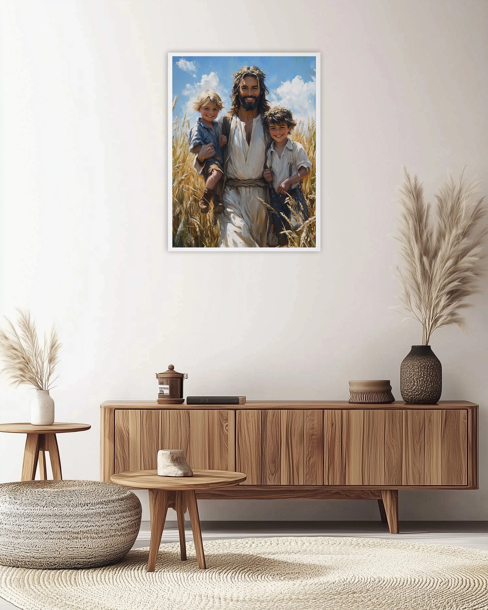 Smiling Jesus with Children Art, Christ in Wheat Field Painting, Christian Kids Decor