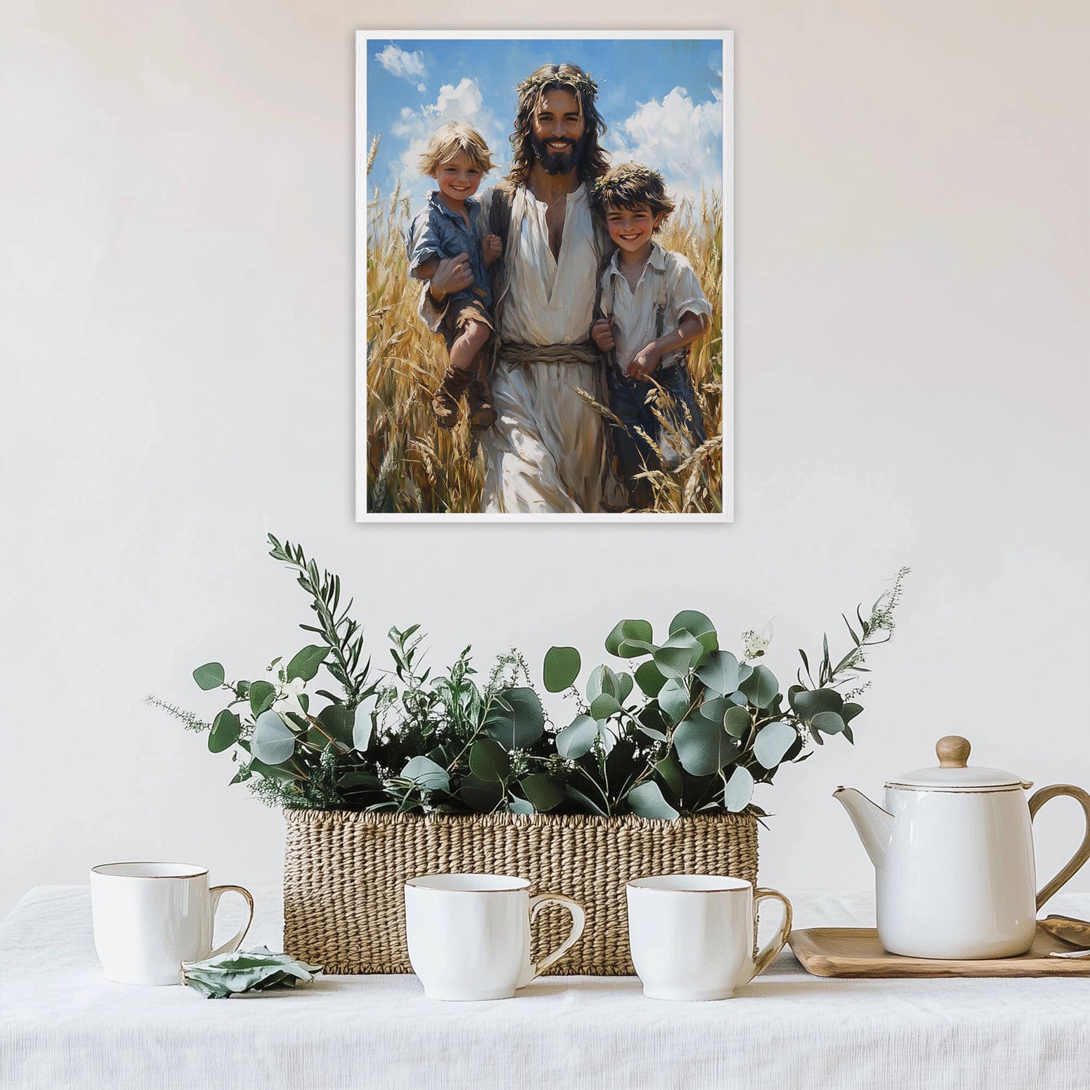 Smiling Jesus with Children Art, Christ in Wheat Field Painting, Christian Kids Decor