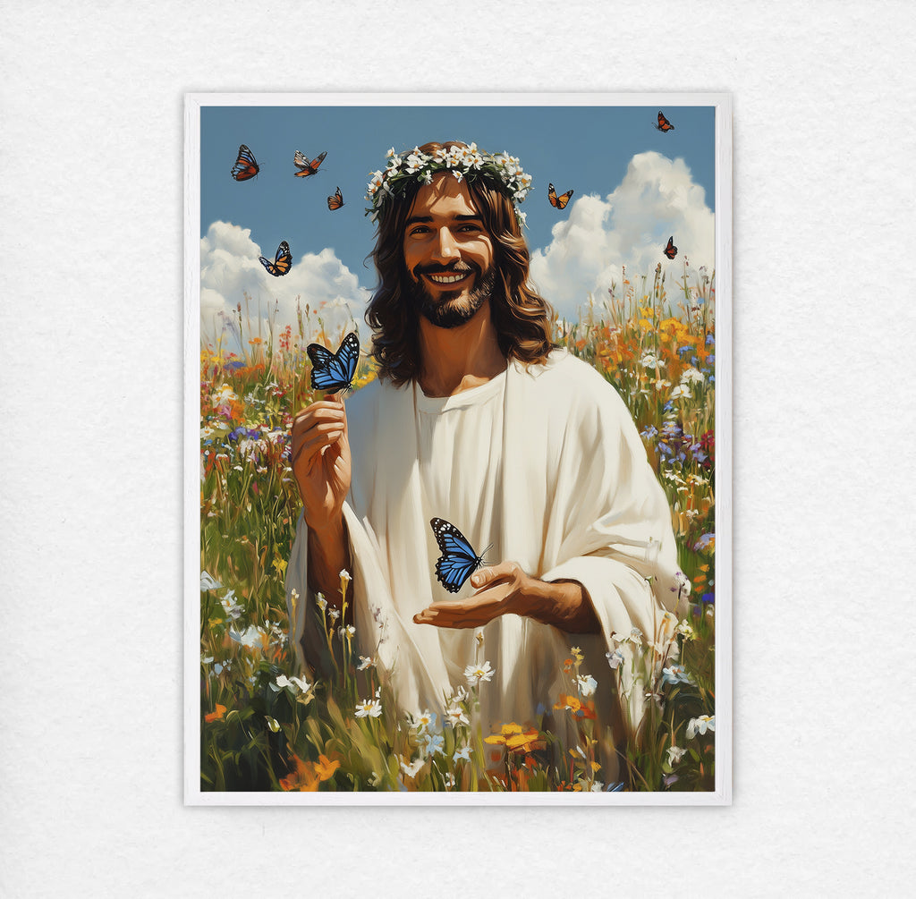 Jesus with Blue Butterflies Art, Smiling Christ Daisy Crown Print, New Life Gift