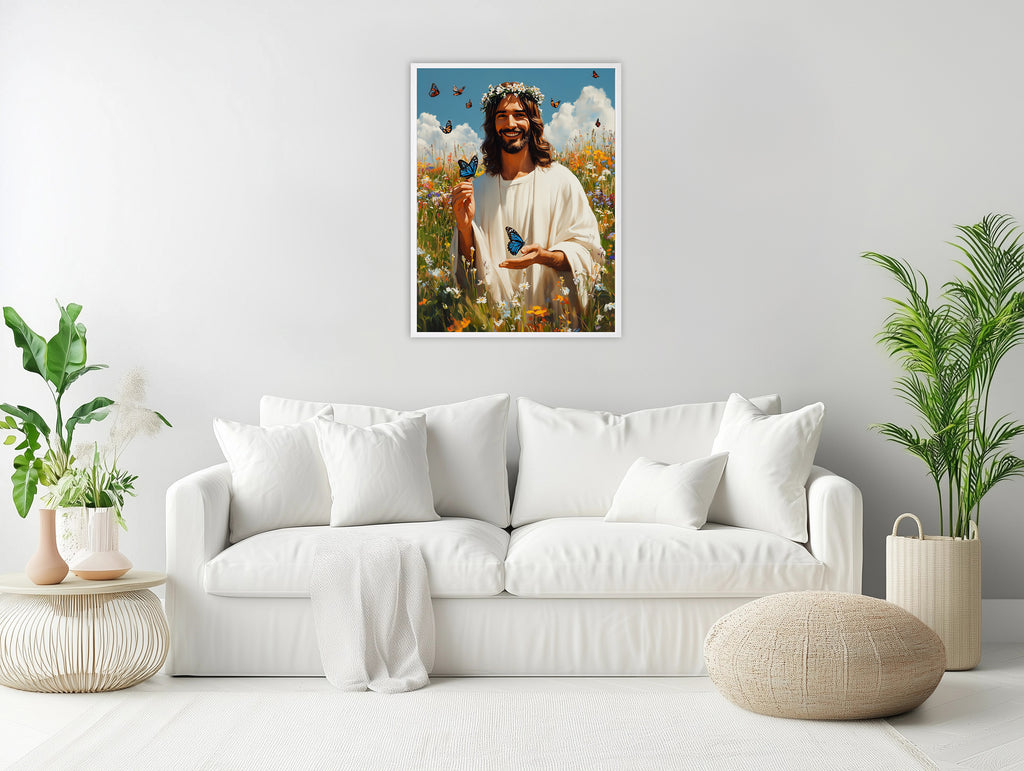 Jesus with Blue Butterflies Art, Smiling Christ Daisy Crown Print, New Life Gift