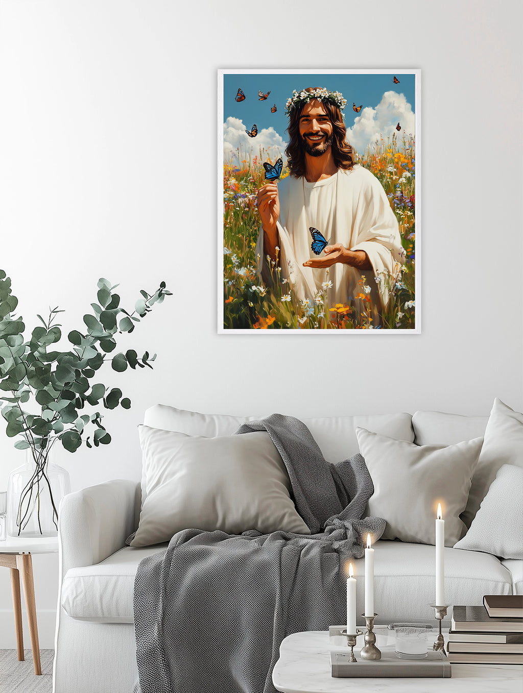 Jesus with Blue Butterflies Art, Smiling Christ Daisy Crown Print, New Life Gift