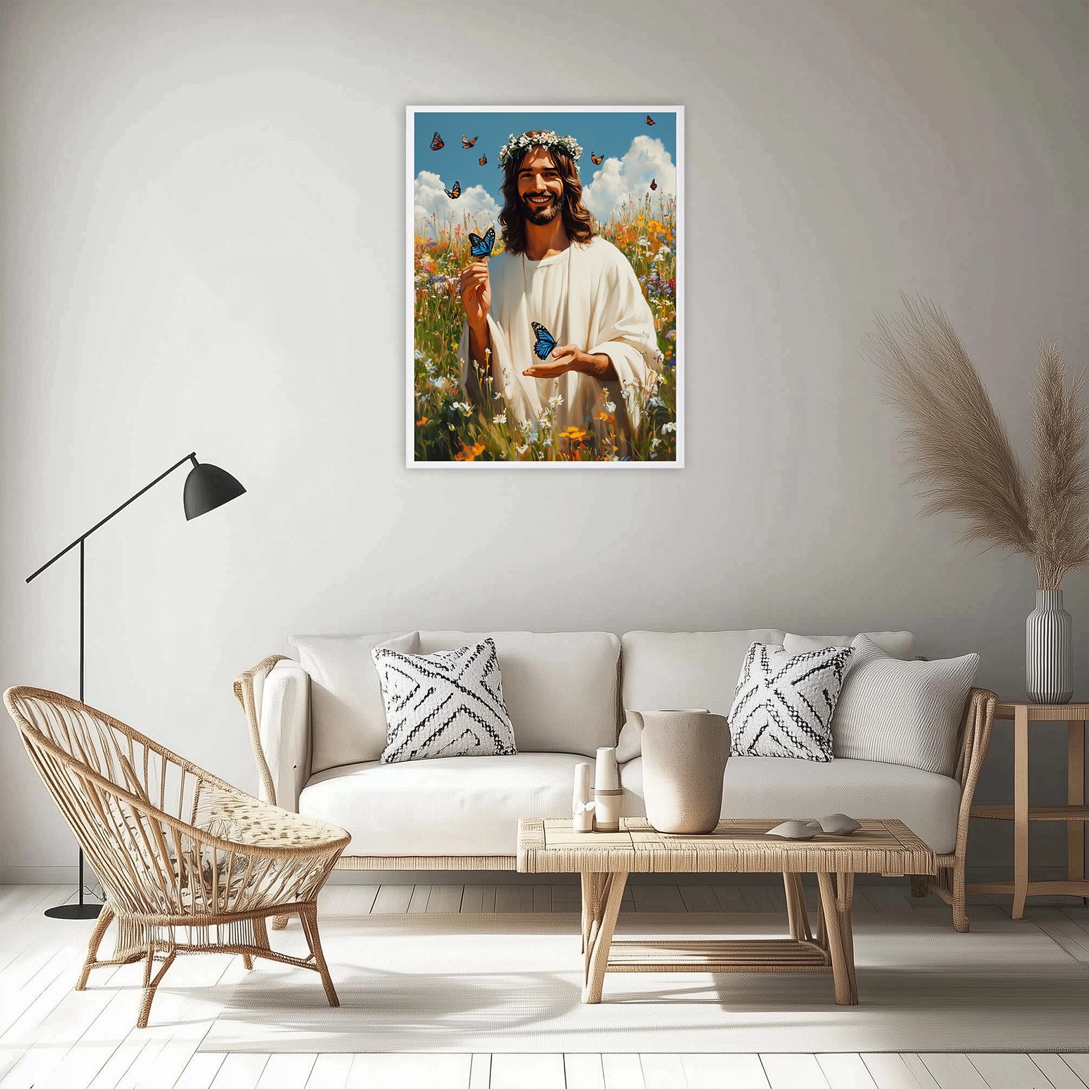 Jesus with Blue Butterflies Art, Smiling Christ Daisy Crown Print, New Life Gift