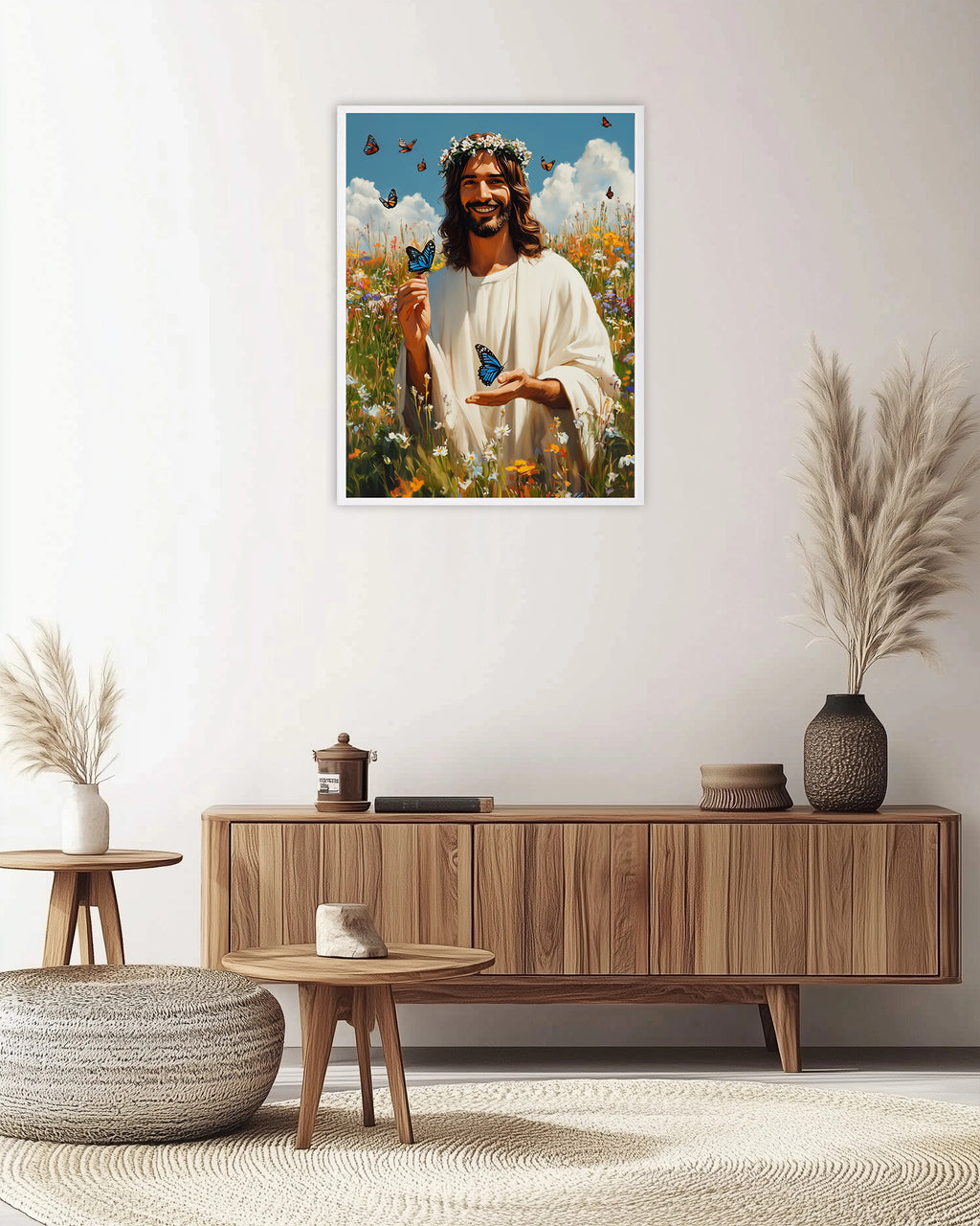 Jesus with Blue Butterflies Art, Smiling Christ Daisy Crown Print, New Life Gift