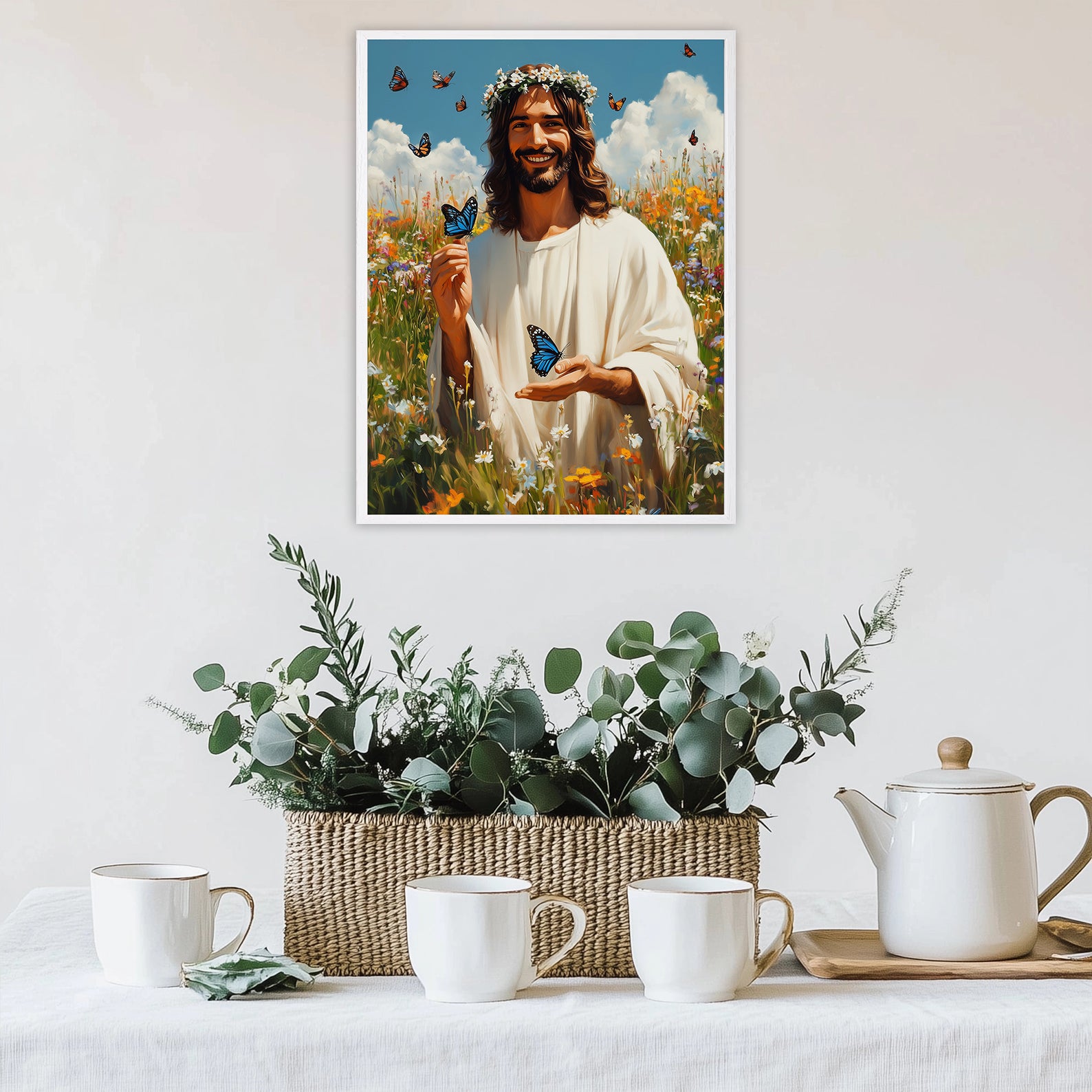 Jesus with Blue Butterflies Art, Smiling Christ Daisy Crown Print, New Life Gift
