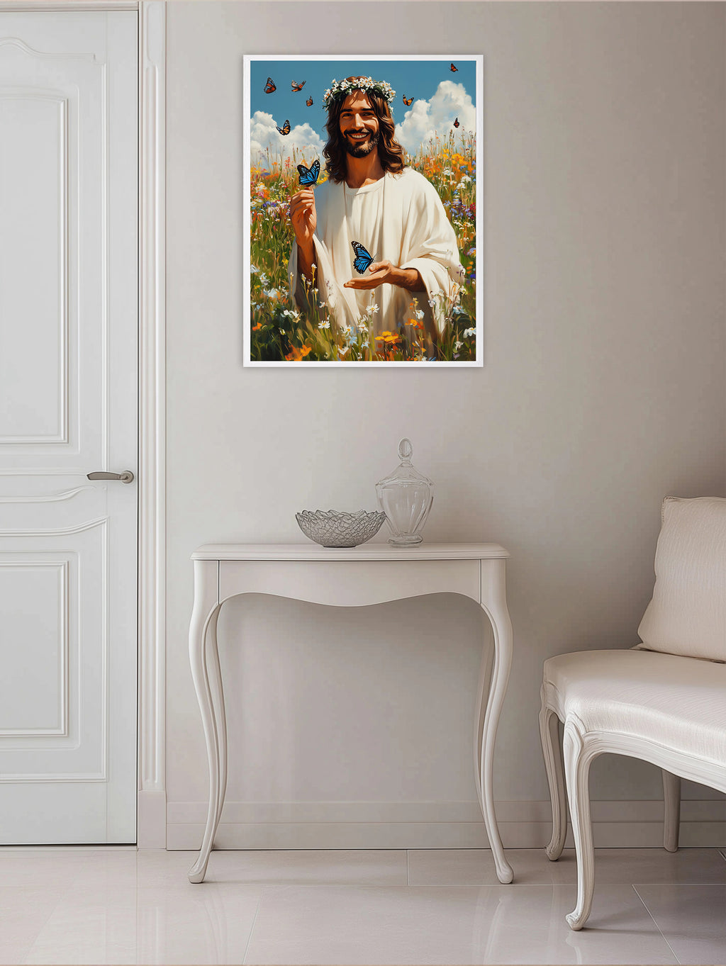 Jesus with Blue Butterflies Art, Smiling Christ Daisy Crown Print, New Life Gift
