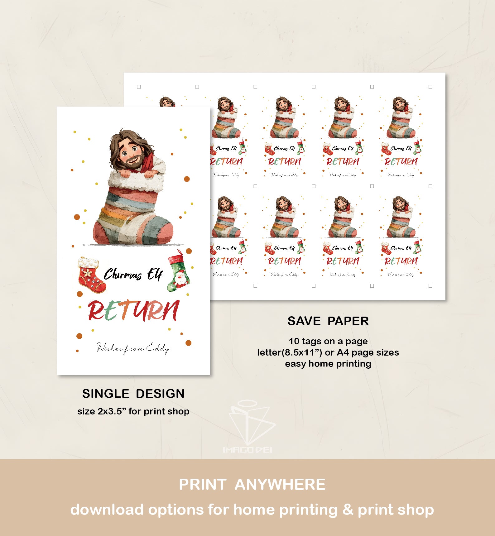 可编辑圣诞贺卡：圣诞老人来信、耶稣、气球和精灵的到来（可打印数字模板 0016）