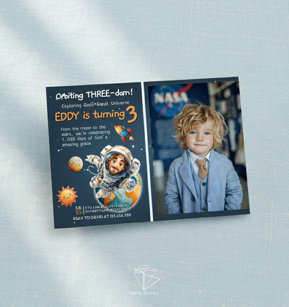 Space Astronaut Jesus Birthday Card, Galaxy Kids Gift, Rocket Adventure (Printable Digital Template 0025)
