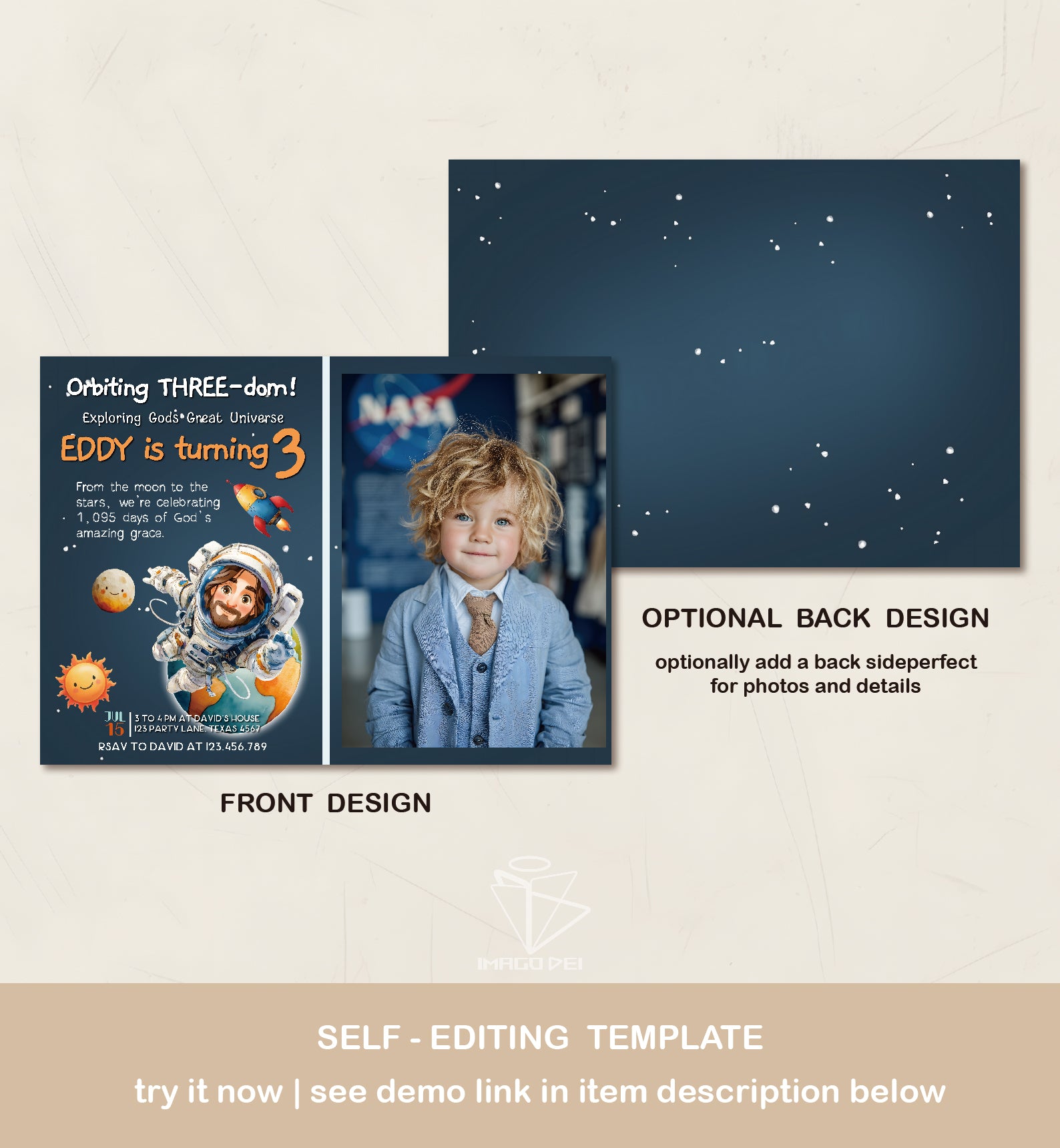 Space Astronaut Jesus Birthday Card, Galaxy Kids Gift, Rocket Adventure (Printable Digital Template 0025)