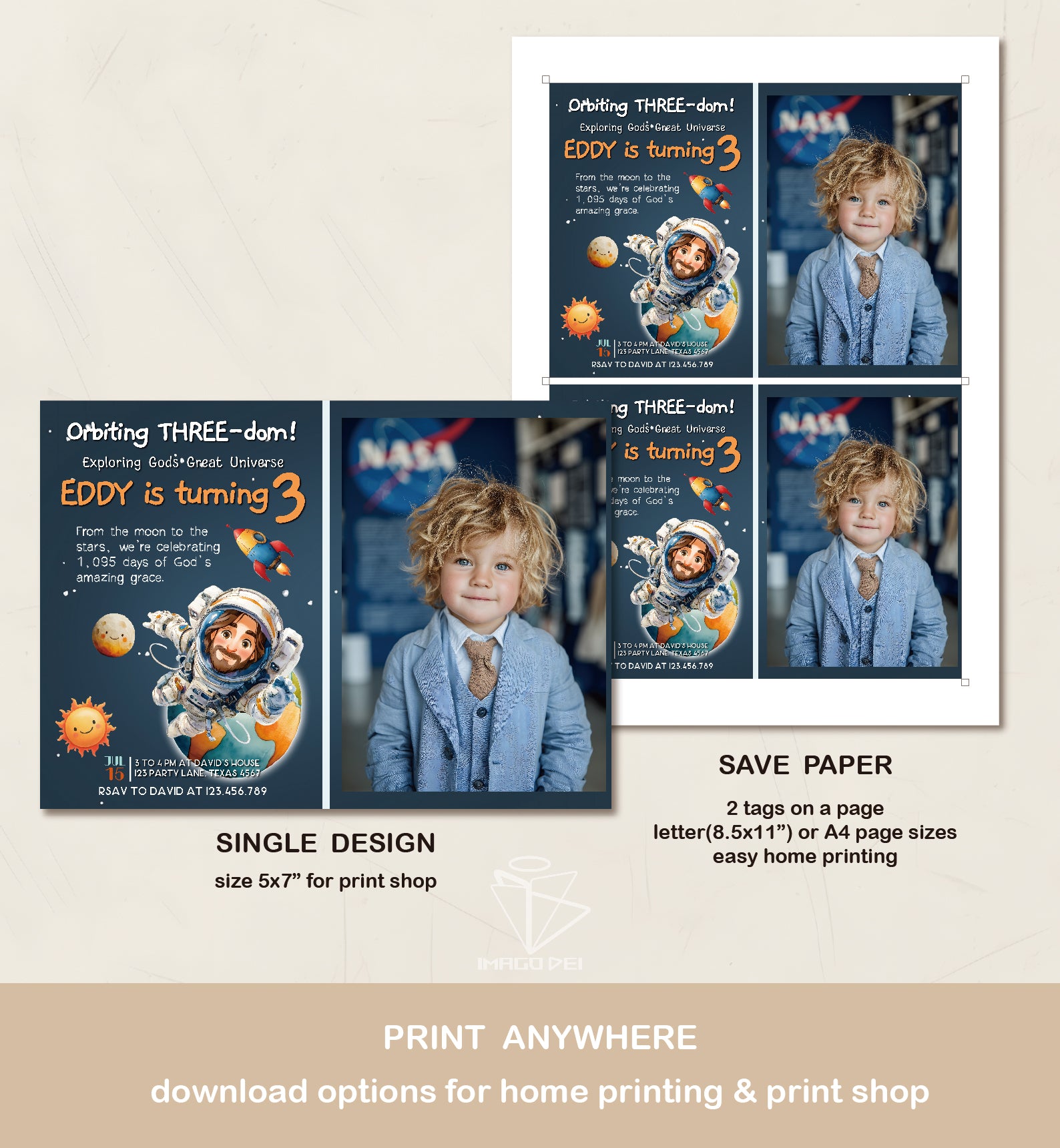 Space Astronaut Jesus Birthday Card, Galaxy Kids Gift, Rocket Adventure (Printable Digital Template 0025)