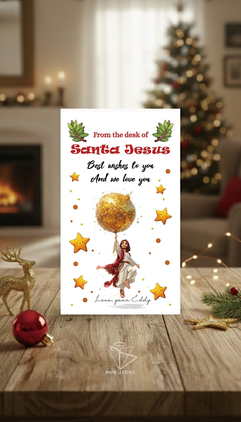 Editable Christmas Card: Letter from Santa Jesus Balloons & Elf Arrival (Printable Digital Template 0016)