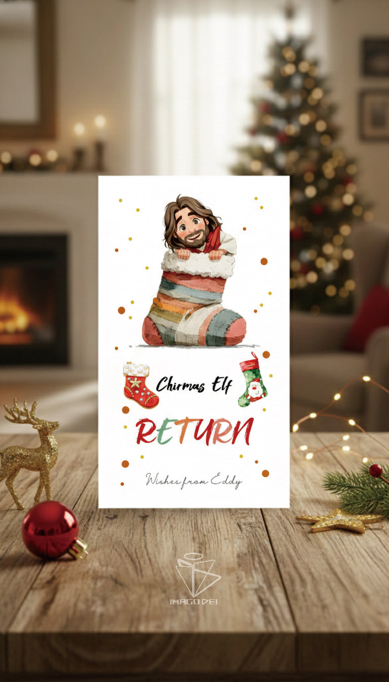 可编辑圣诞贺卡：圣诞老人来信、耶稣、气球和精灵的到来（可打印数字模板 0016）