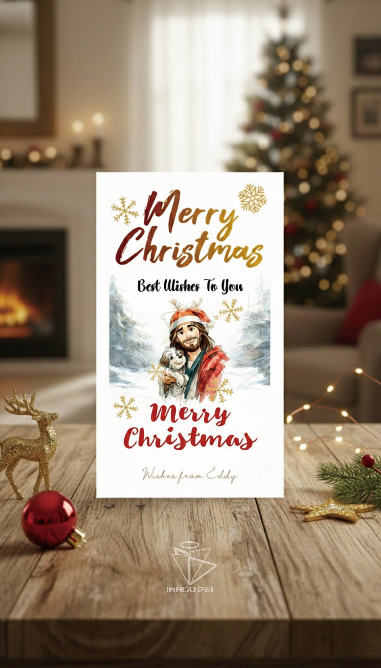 可编辑圣诞贺卡：圣诞老人来信、耶稣、气球和精灵的到来（可打印数字模板 0016）