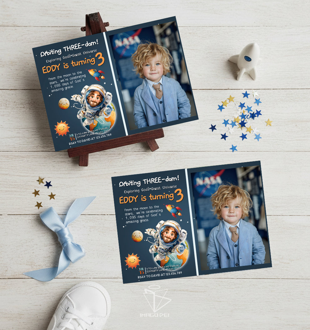 Space Astronaut Jesus Birthday Card, Galaxy Kids Gift, Rocket Adventure (Printable Digital Template 0025)