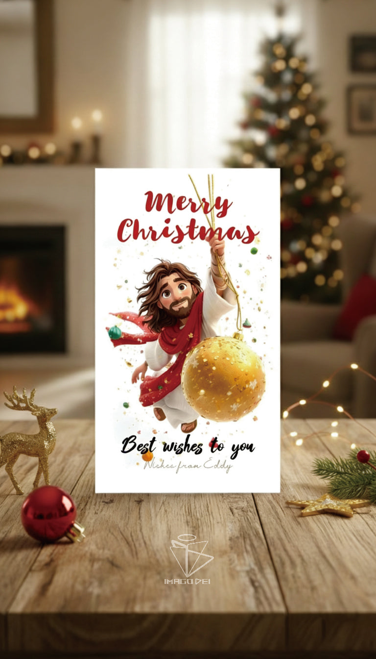 可编辑圣诞贺卡：圣诞老人来信、耶稣、气球和精灵的到来（可打印数字模板 0016）