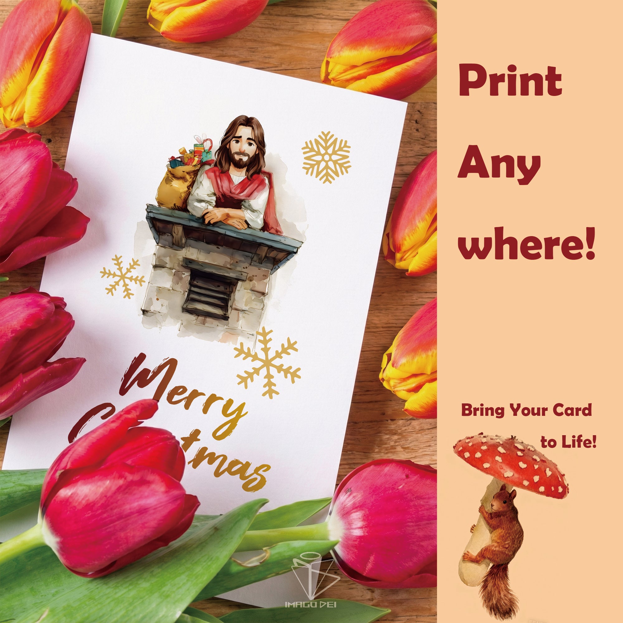 可编辑圣诞贺卡：圣诞老人来信、耶稣、气球和精灵的到来（可打印数字模板 0016）