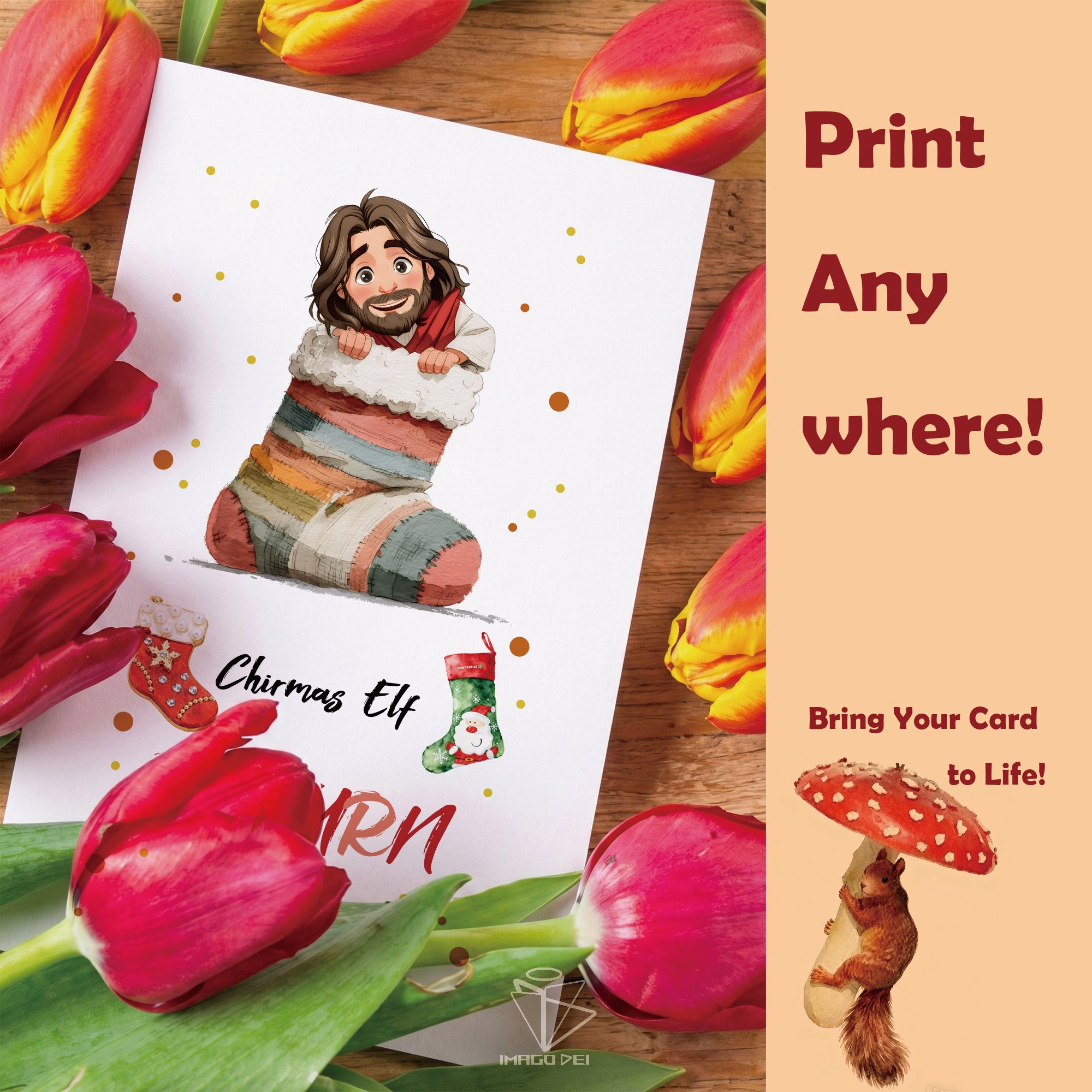 可编辑圣诞贺卡：圣诞老人来信、耶稣、气球和精灵的到来（可打印数字模板 0016）