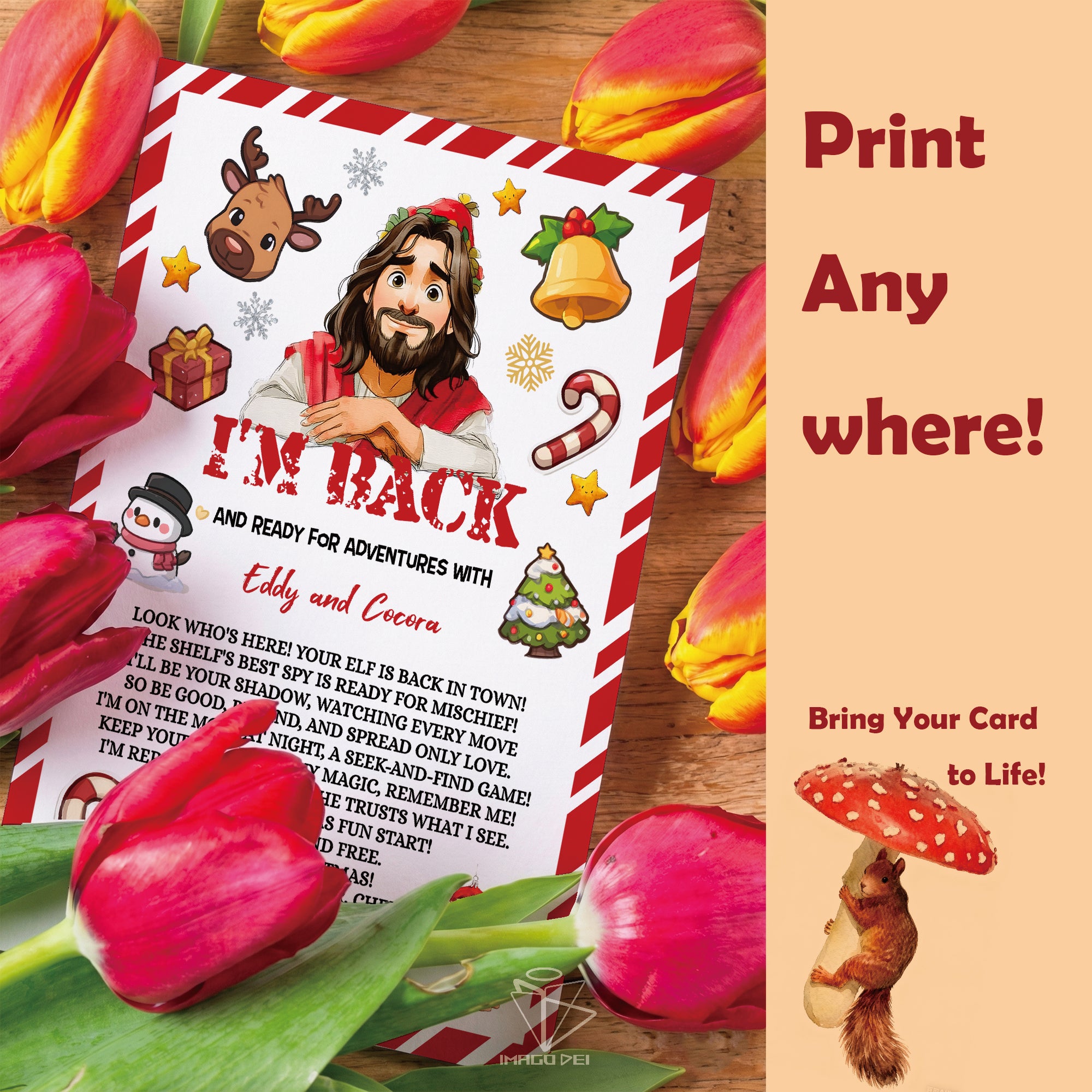 可编辑圣诞贺卡：圣诞老人来信、耶稣、气球和精灵的到来（可打印数字模板 0016）