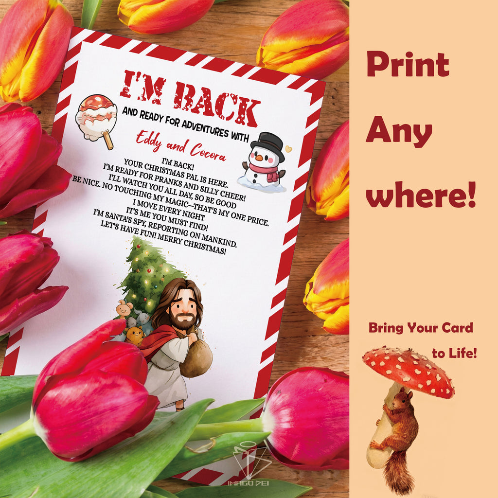 可编辑圣诞贺卡：圣诞老人来信、耶稣、气球和精灵的到来（可打印数字模板 0016）