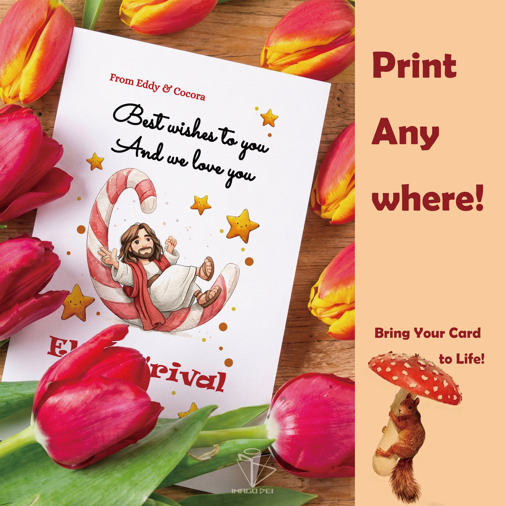 可编辑圣诞贺卡：圣诞老人来信、耶稣、气球和精灵的到来（可打印数字模板 0016）