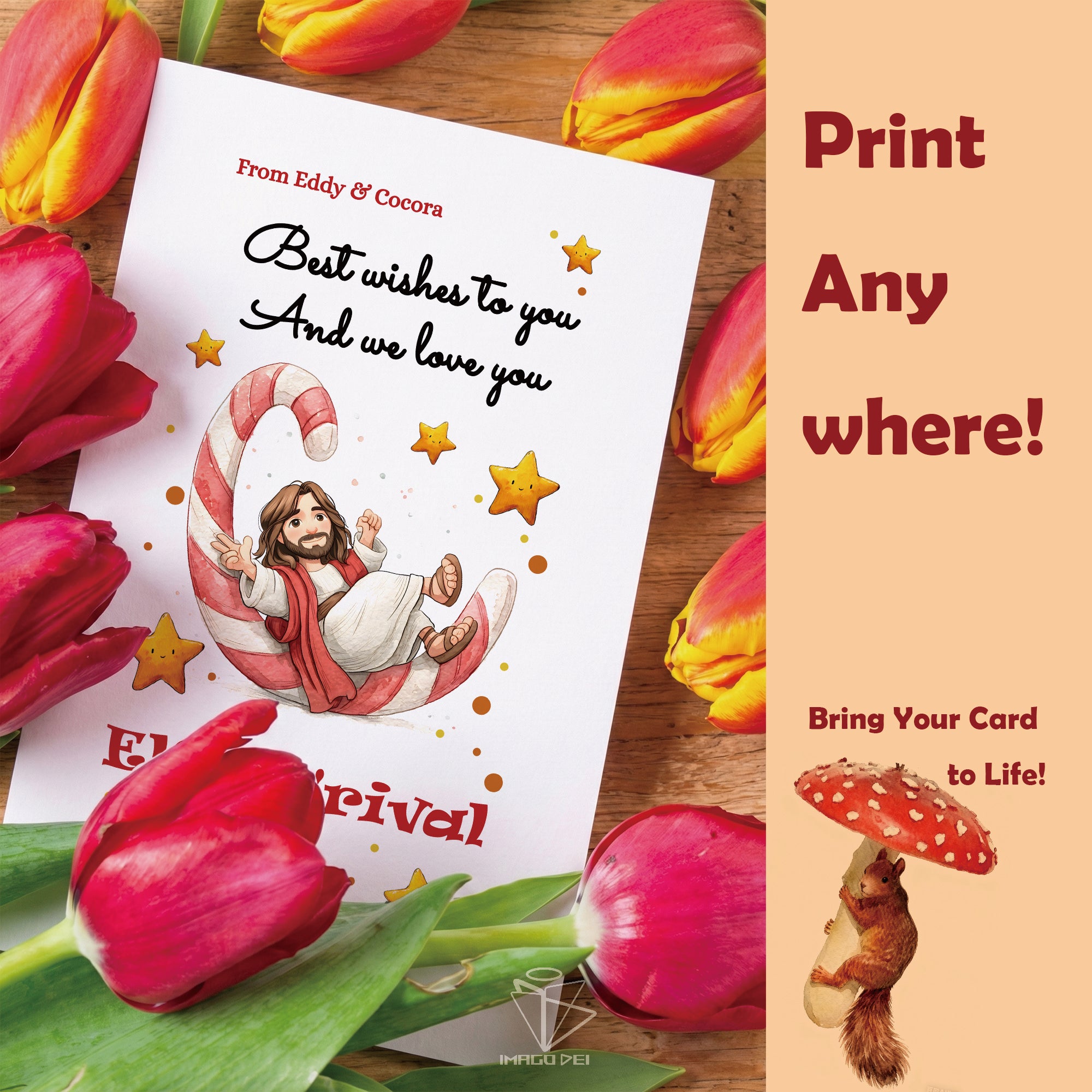 可编辑圣诞贺卡：圣诞老人来信、耶稣、气球和精灵的到来（可打印数字模板 0016）