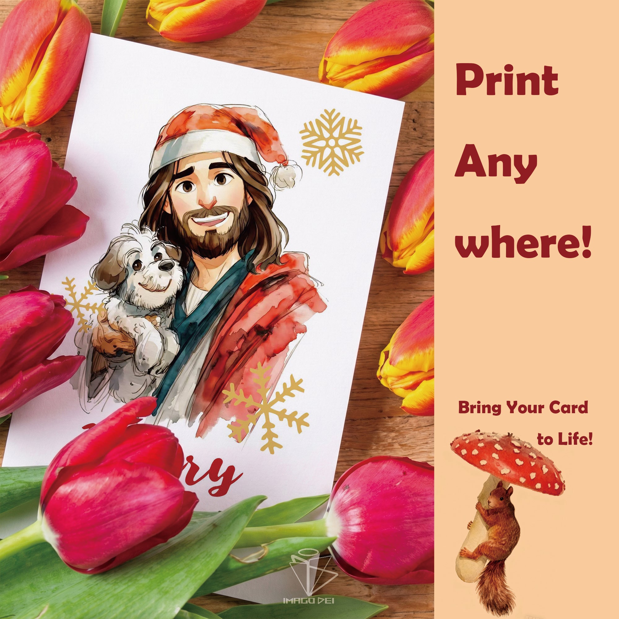 可编辑圣诞贺卡：圣诞老人来信、耶稣、气球和精灵的到来（可打印数字模板 0016）