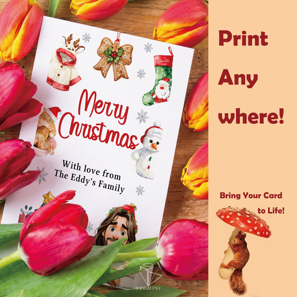 Jesus Merry Christmas Greeting, Religious Festive Ornament Card (Printable Digital Template 0022)