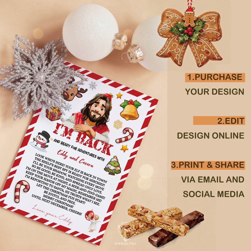 可编辑圣诞贺卡：圣诞老人来信、耶稣、气球和精灵的到来（可打印数字模板 0016）