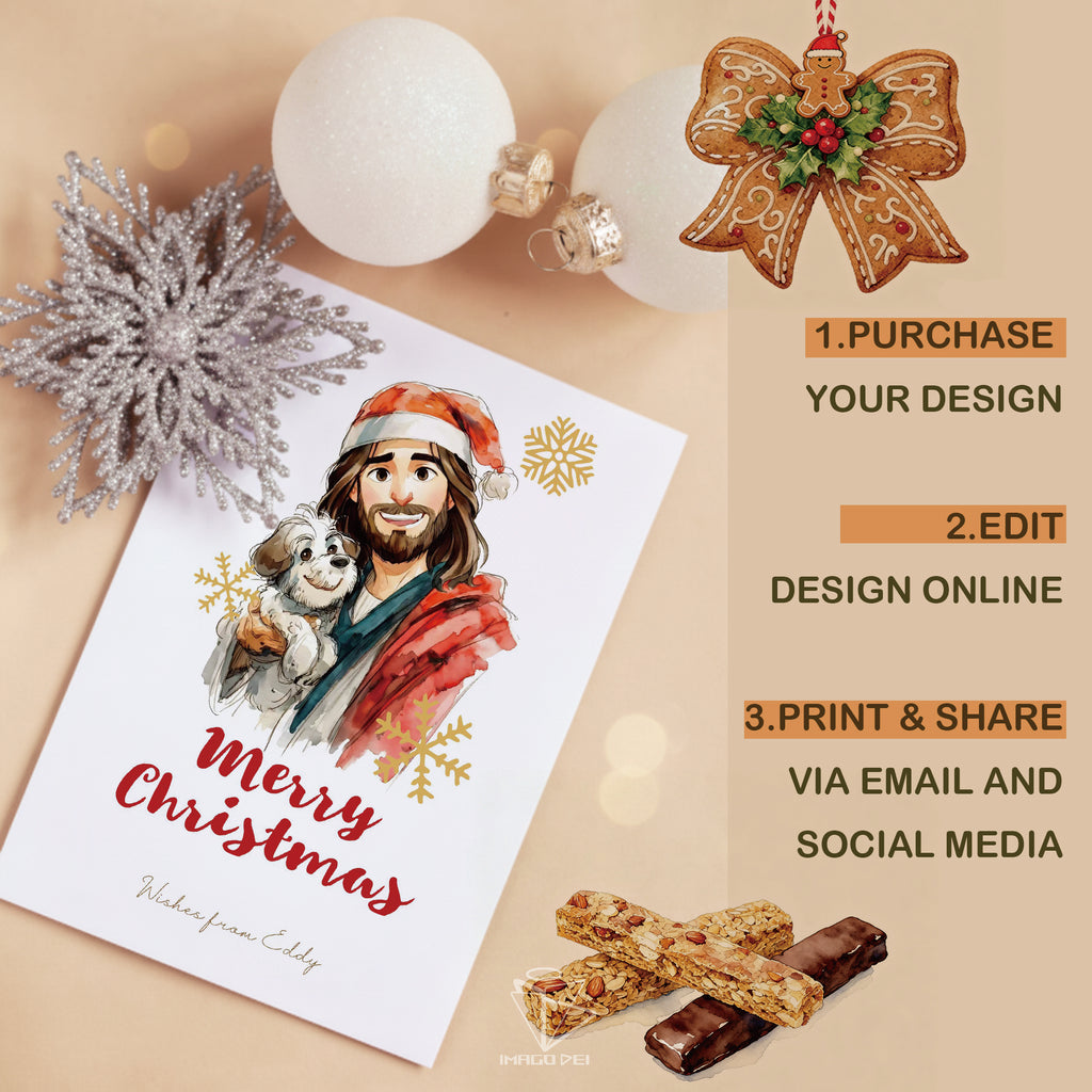 可编辑圣诞贺卡：圣诞老人来信、耶稣、气球和精灵的到来（可打印数字模板 0016）