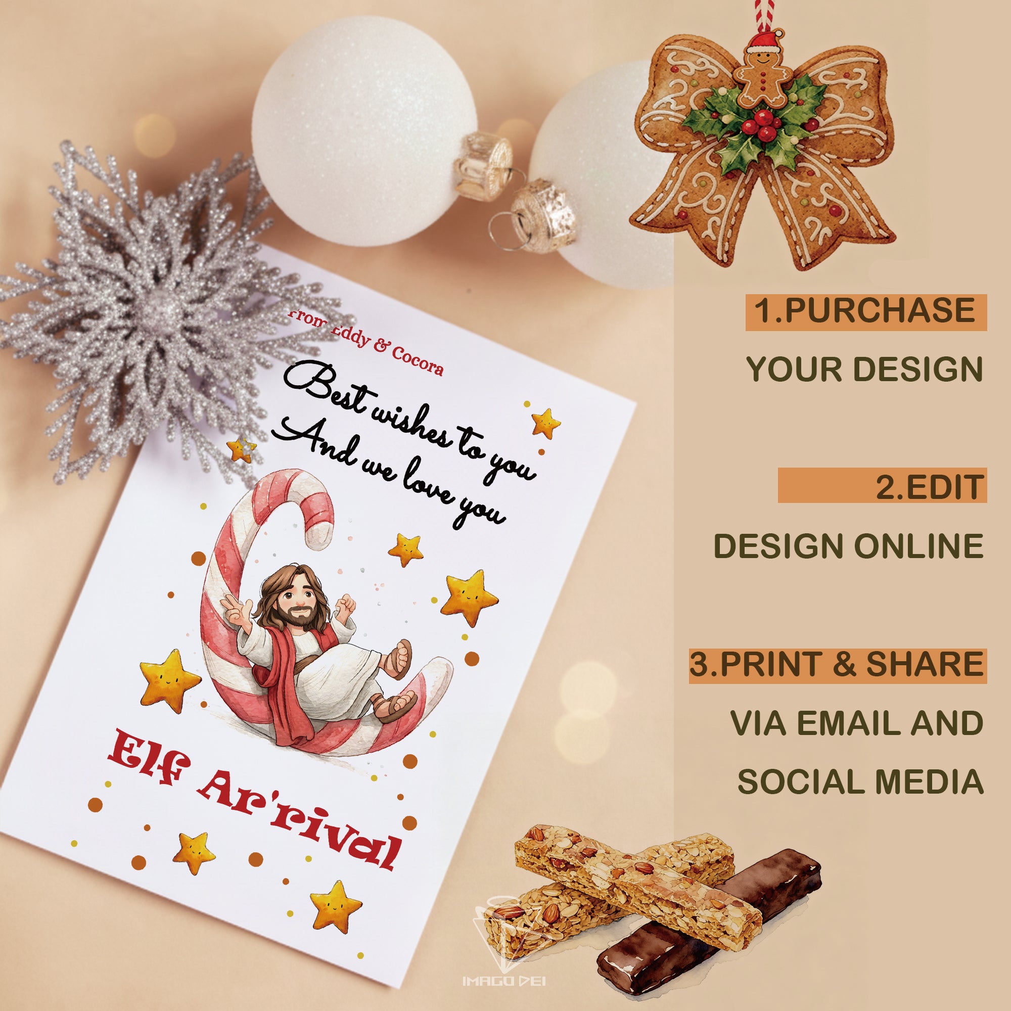 可编辑圣诞贺卡：圣诞老人来信、耶稣、气球和精灵的到来（可打印数字模板 0016）