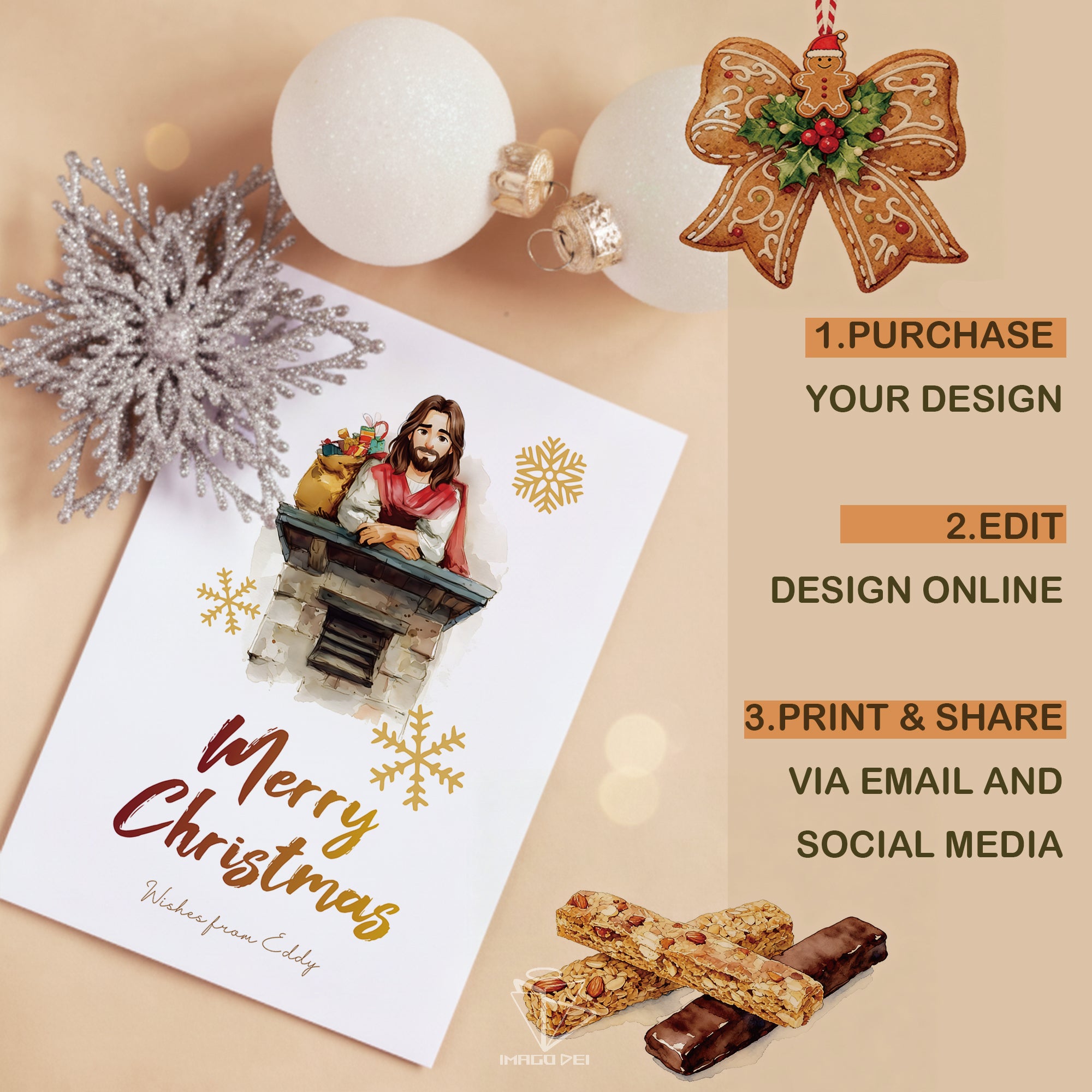 可编辑圣诞贺卡：圣诞老人来信、耶稣、气球和精灵的到来（可打印数字模板 0016）