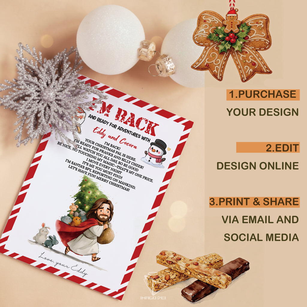 可编辑圣诞贺卡：圣诞老人来信、耶稣、气球和精灵的到来（可打印数字模板 0016）