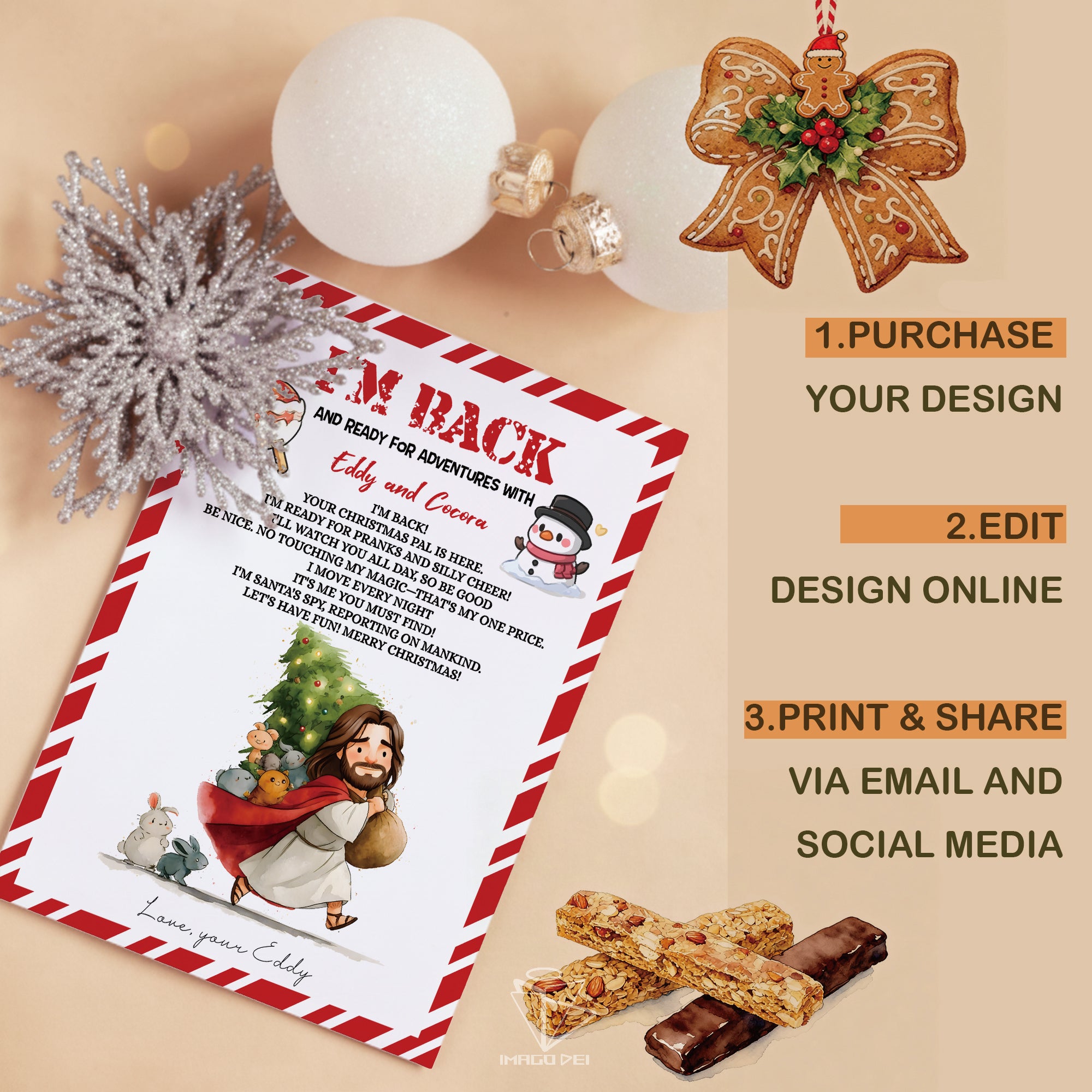 可编辑圣诞贺卡：圣诞老人来信、耶稣、气球和精灵的到来（可打印数字模板 0016）