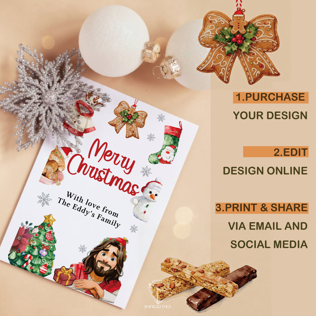 Jesus Merry Christmas Greeting, Religious Festive Ornament Card (Printable Digital Template 0022)