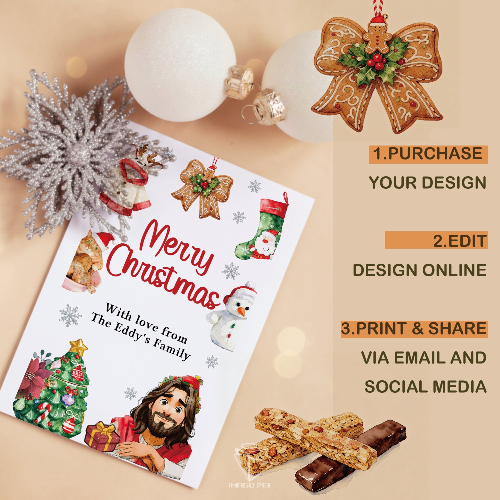 Jesus Merry Christmas Greeting, Religious Festive Ornament Card (Printable Digital Template 0022)