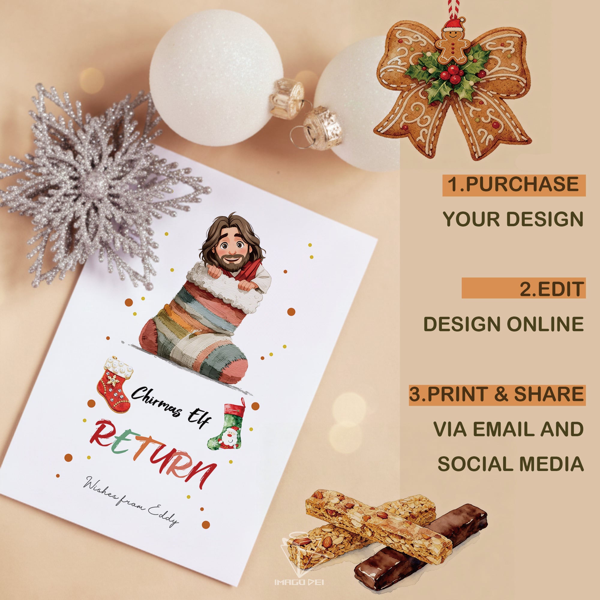 可编辑圣诞贺卡：圣诞老人来信、耶稣、气球和精灵的到来（可打印数字模板 0016）