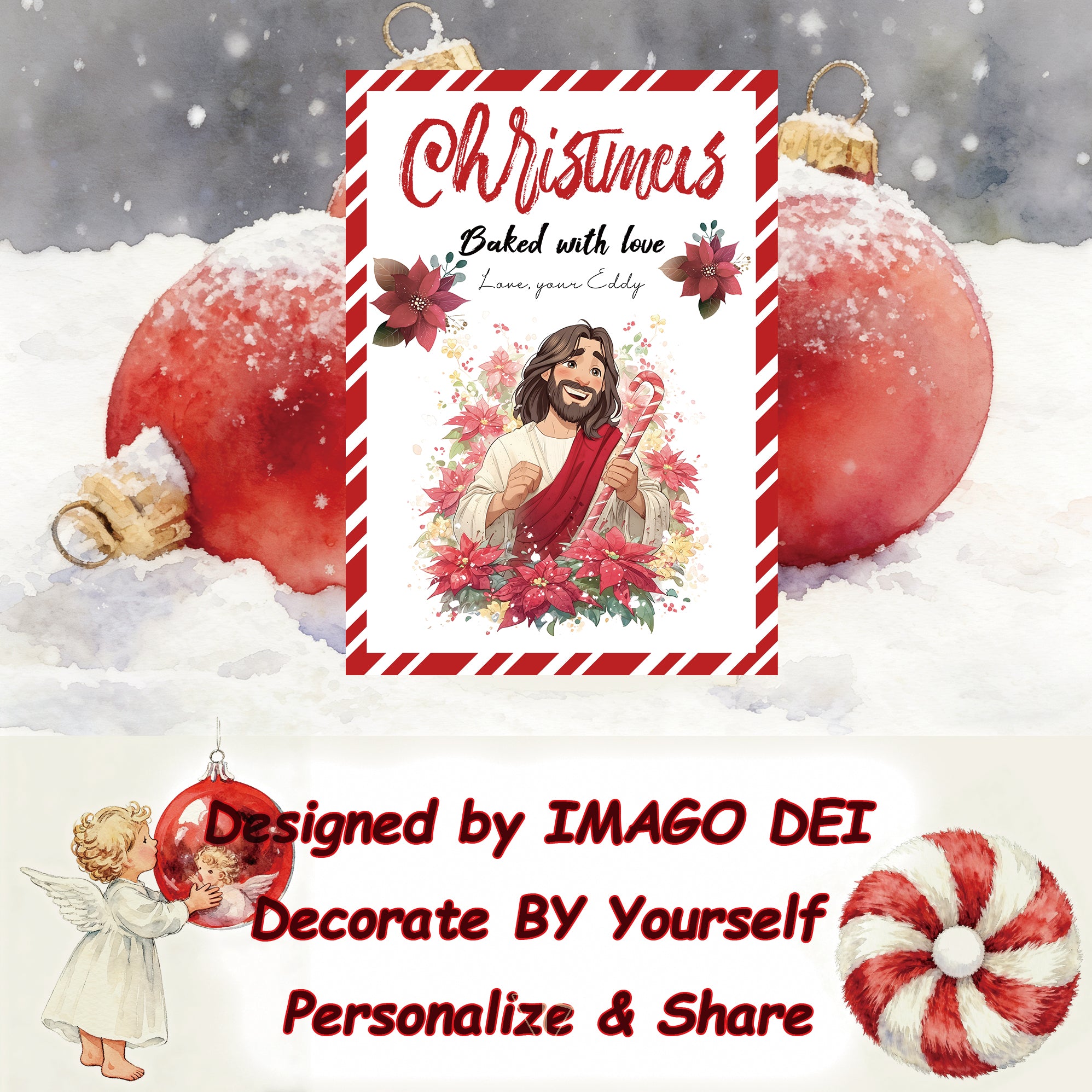 可编辑圣诞贺卡：圣诞老人来信、耶稣、气球和精灵的到来（可打印数字模板 0016）