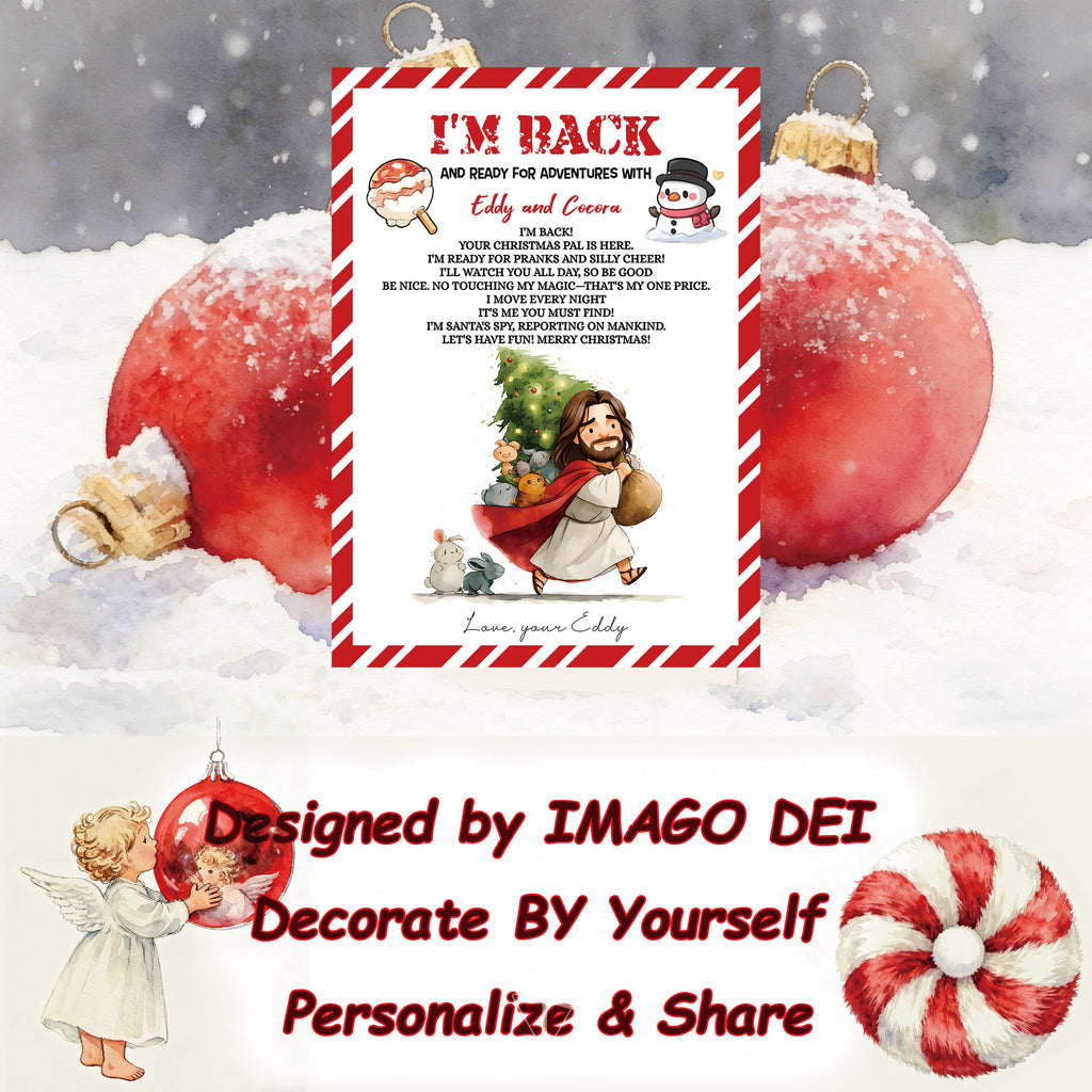 可编辑圣诞贺卡：圣诞老人来信、耶稣、气球和精灵的到来（可打印数字模板 0016）