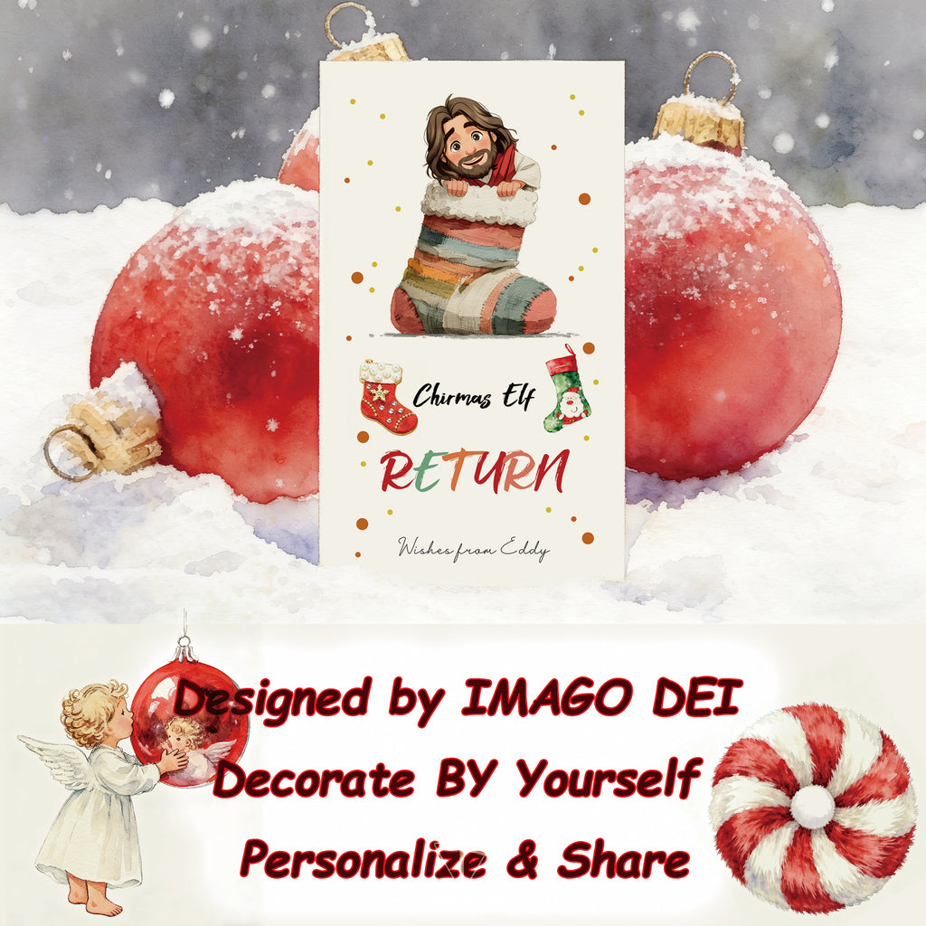 可编辑圣诞贺卡：圣诞老人来信、耶稣、气球和精灵的到来（可打印数字模板 0016）