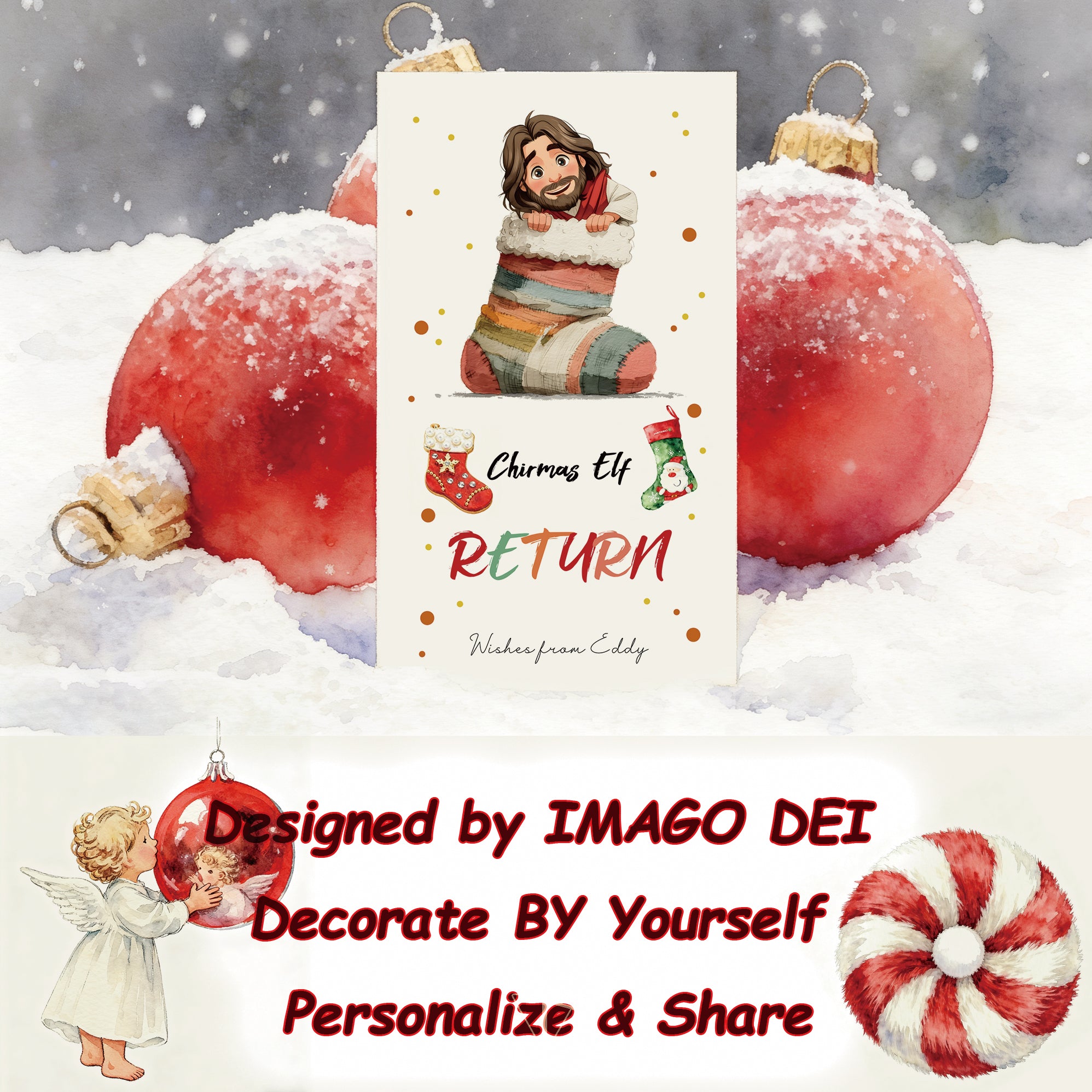 可编辑圣诞贺卡：圣诞老人来信、耶稣、气球和精灵的到来（可打印数字模板 0016）