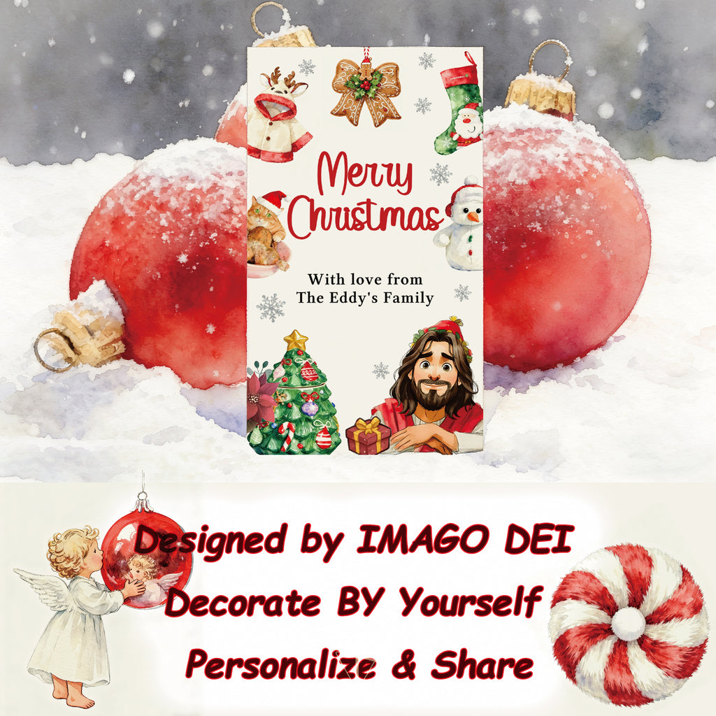Jesus Merry Christmas Greeting, Religious Festive Ornament Card (Printable Digital Template 0022)