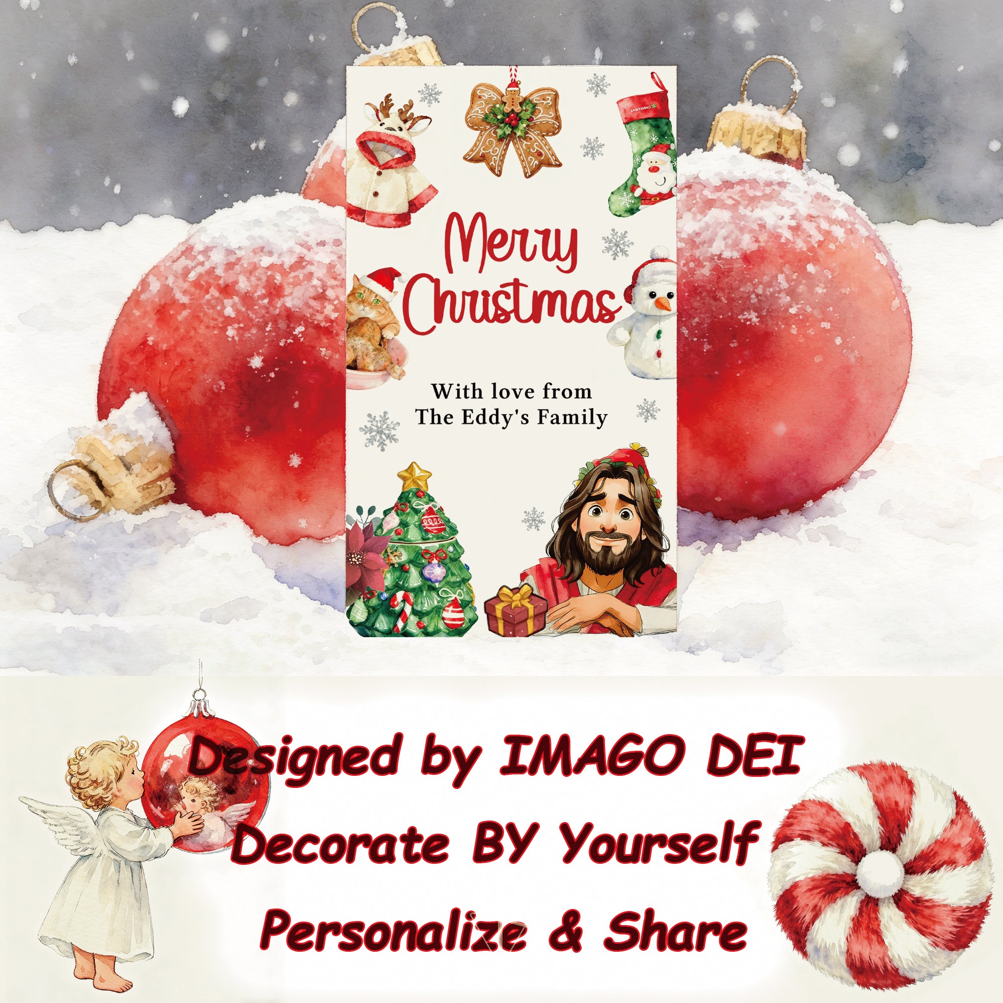 Jesus Merry Christmas Greeting, Religious Festive Ornament Card (Printable Digital Template 0022)