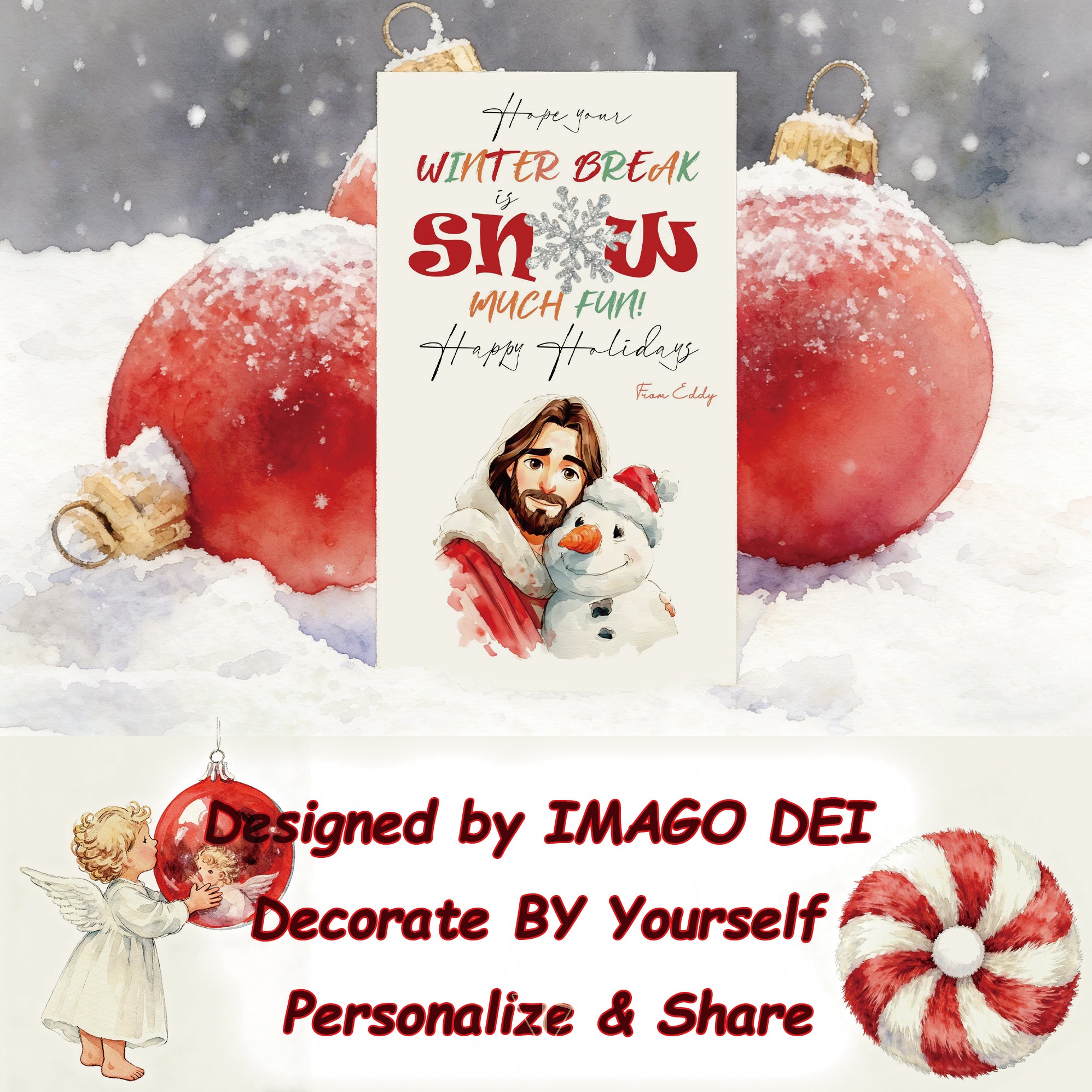 Jesus Snowman Christmas Card, Religious Holiday Art, Christian Xmas Blessing (Printable Digital Template 0010)