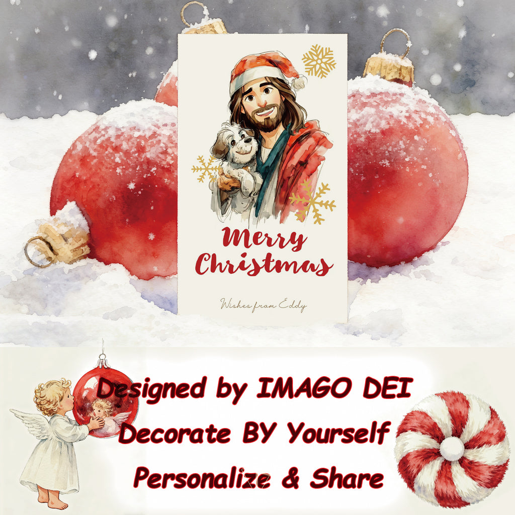 可编辑圣诞贺卡：圣诞老人来信、耶稣、气球和精灵的到来（可打印数字模板 0016）