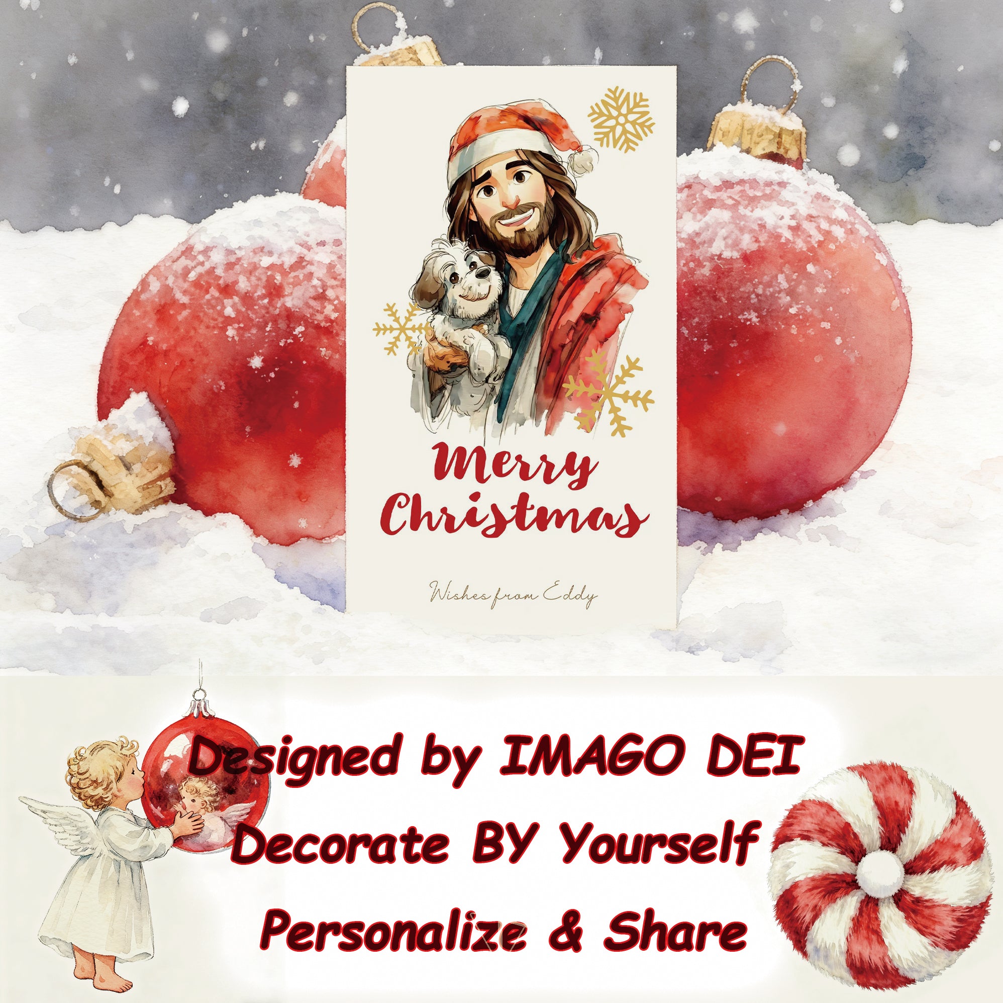 可编辑圣诞贺卡：圣诞老人来信、耶稣、气球和精灵的到来（可打印数字模板 0016）