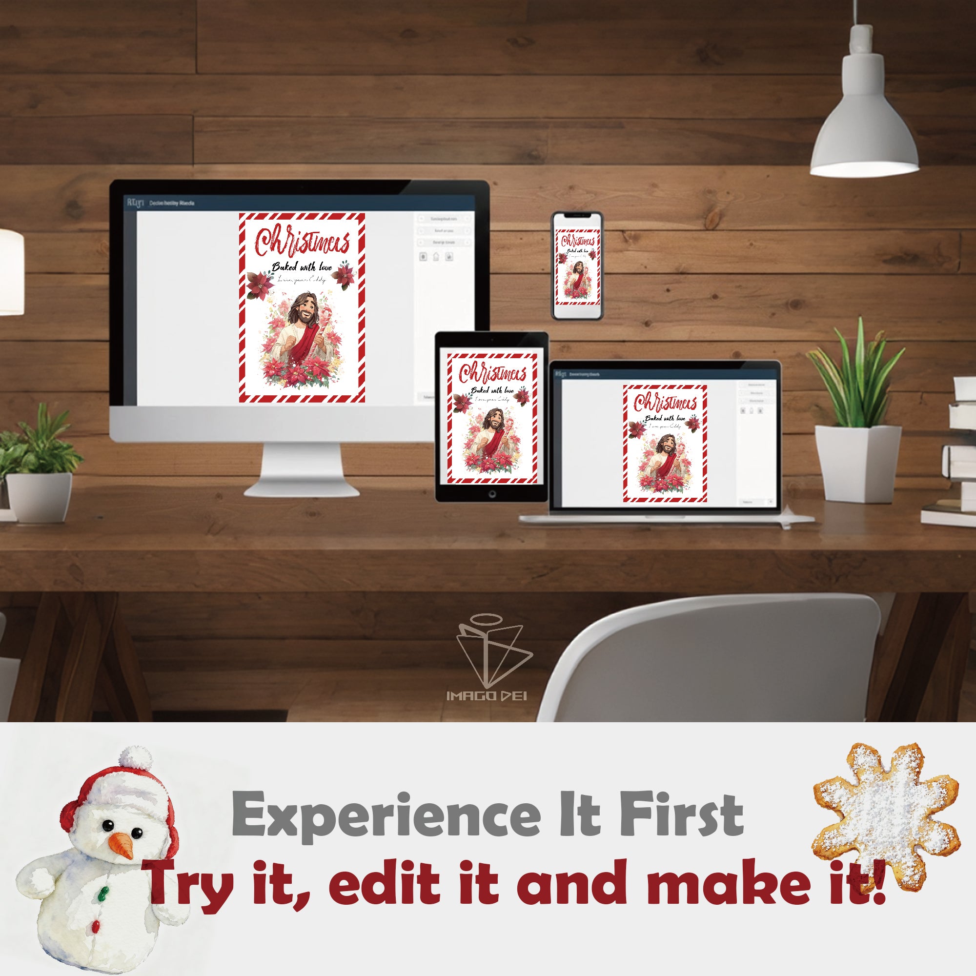 可编辑圣诞贺卡：圣诞老人来信、耶稣、气球和精灵的到来（可打印数字模板 0016）