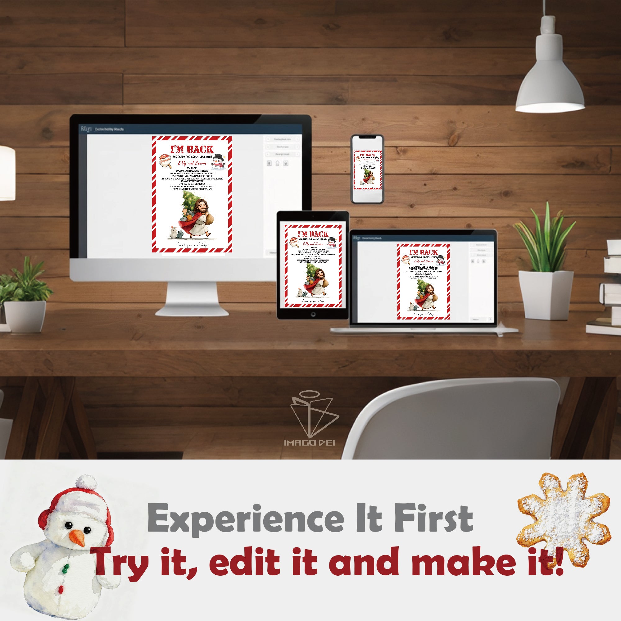 可编辑圣诞贺卡：圣诞老人来信、耶稣、气球和精灵的到来（可打印数字模板 0016）