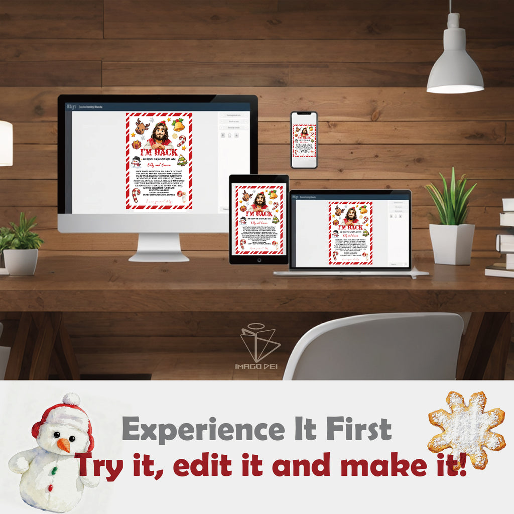 可编辑圣诞贺卡：圣诞老人来信、耶稣、气球和精灵的到来（可打印数字模板 0016）